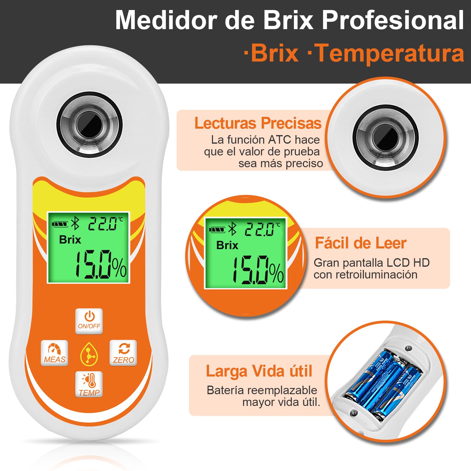 Refractómetro Inteligente Brix, Probador Digital YINMIK Brix (0-60%), Medidor de Temp de Azúcar con ATC, Medidor Portátil Brix para Frutas, Café, Jarabe de Arce, Jugos, Alimentos y Vegetales