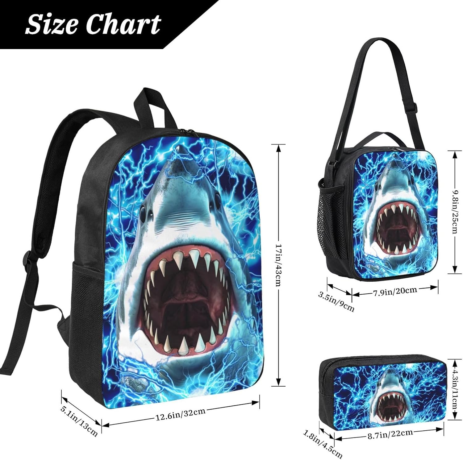 School Backpack for Boys Girls - 3pcs Shark Backpack Boys Backpacks with Lunch Box Set for Kids Children Students Teens Elementary Middle School - 17″ Shark Bookbag for Age 6-18