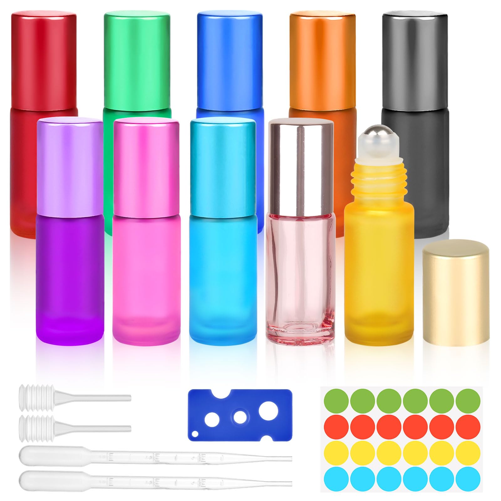 Moosono Roll on Flasche Leer 5ml, 10 Stück Glasflaschen für Ätherisches Öle, Rollon Flaschen mit Öffner, Tropfer, Augentropfer, Aufkleber für Parfüm, Aromatherapie, Massage(10 Farben)