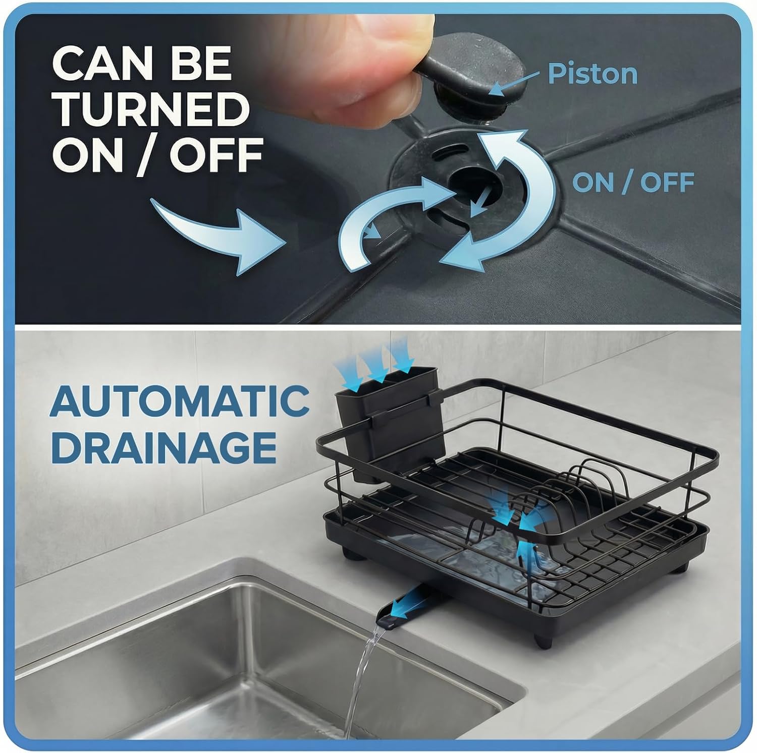 2 Piece Dish Racks for Kitchen Counter (16.5" x 12") — Not Prone to Rusting Dish Drainer with Removable Drainboard & Utensil Holder, Space Saving, Black