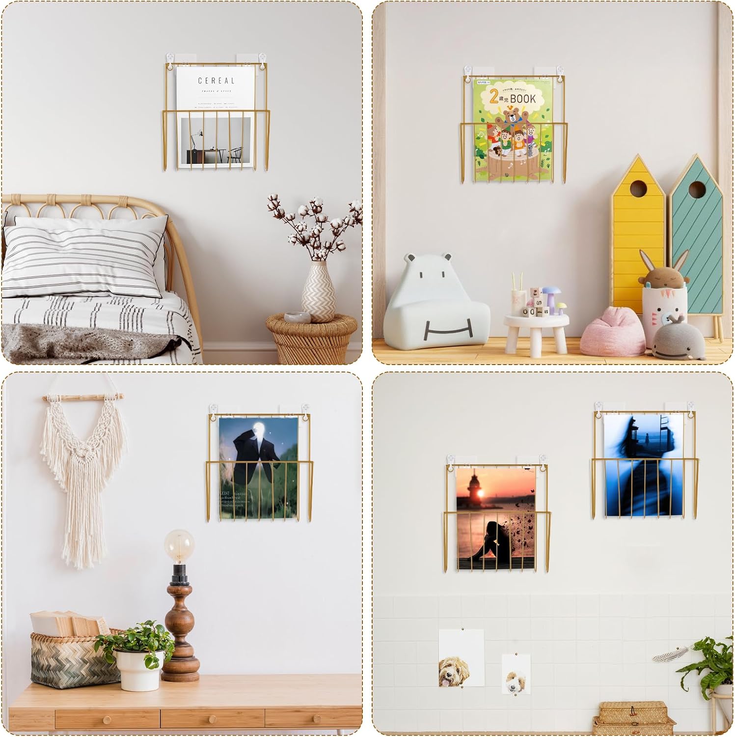 4 Pcs Wall Mounted Magazine Rack, Gold Wall Document Organizer