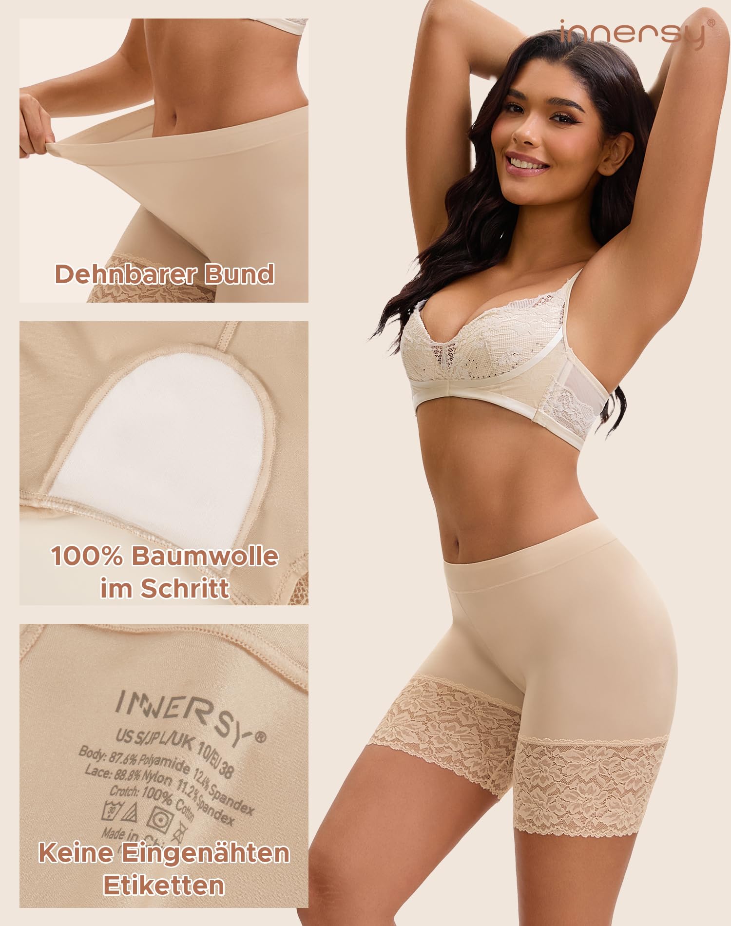 INNERSY Radlerhose Damen Kurz für Kleid mit Spitze Anti Scheuern Oberschenkel Unterziehhose Leicht