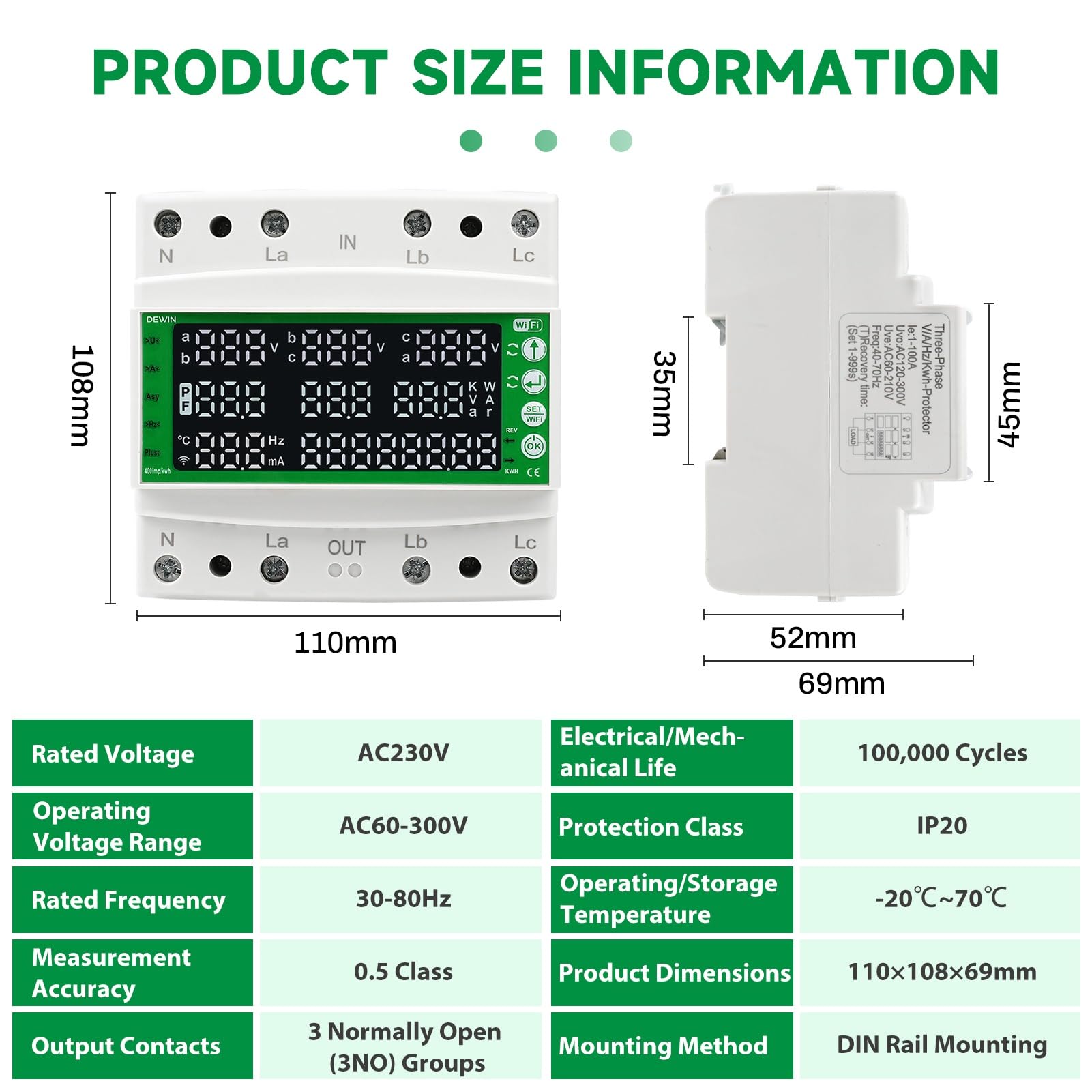 DEWIN Contatore elettrico 3 fasi, contatore di corrente trifase 3 fasi WiFi Smart Protector con funzioni di protezione da sovratensione, sottotensione, sovracorrente e corrente residua AC 60-300V