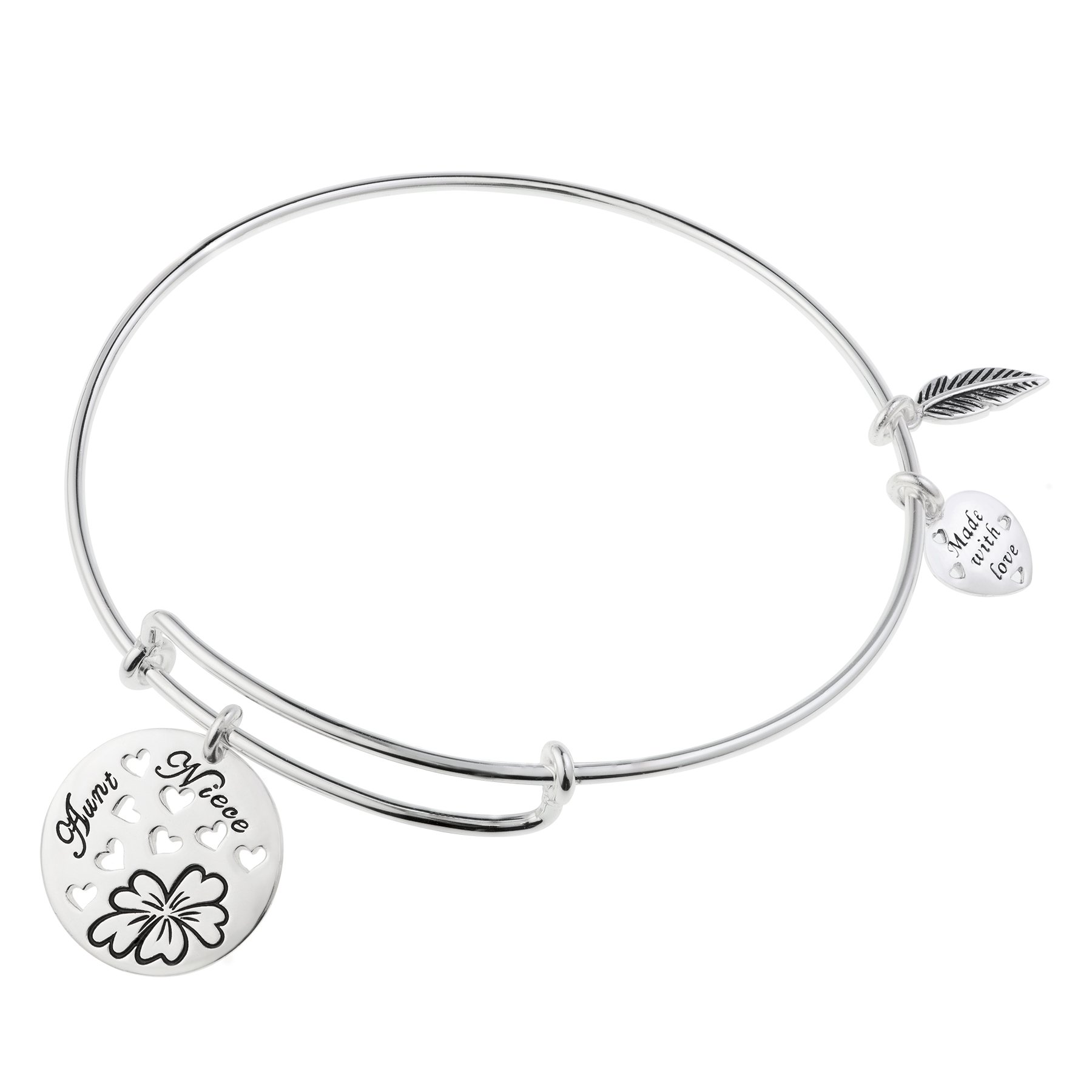 Pulsera de plata de ley con cuentas colgantes de diseño de corazones y texto en inglés “Aunt” y “Niece”, extensible
