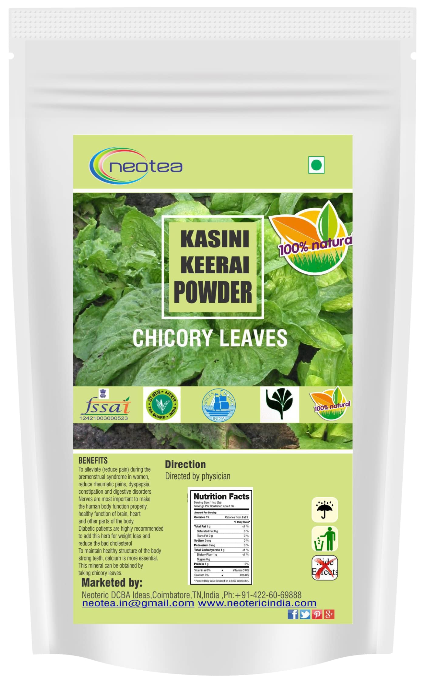 Neotea Kasini Keerai Powder | Kasni Chicory Greens | Cichorium Intybus | Natural Herbal Supplement | 100% Pure & Organic Chicory Leaf Powder for Health & Wellness | 500 GM (B0776XW8Y3) Amazon Price History, Amazon Price Tracker