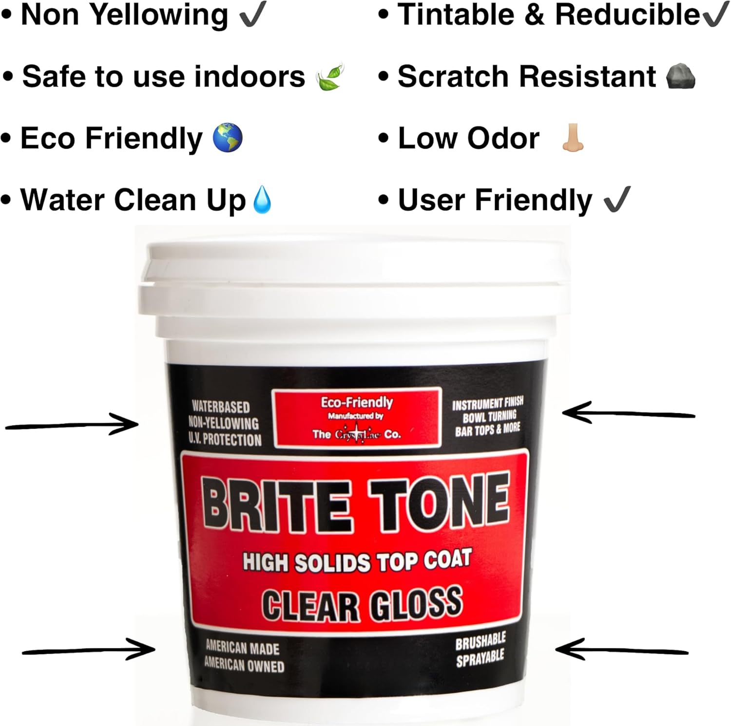 CrystaLac Brite Tone Polyurethane Instrument Finish, High Solids Non-Yellowing Super-Hard & Scratch Resistant Clear Coat for Musical Instruments, For Wood Metal Plastic & Glass, 16-Fl.Oz., Clear Gloss