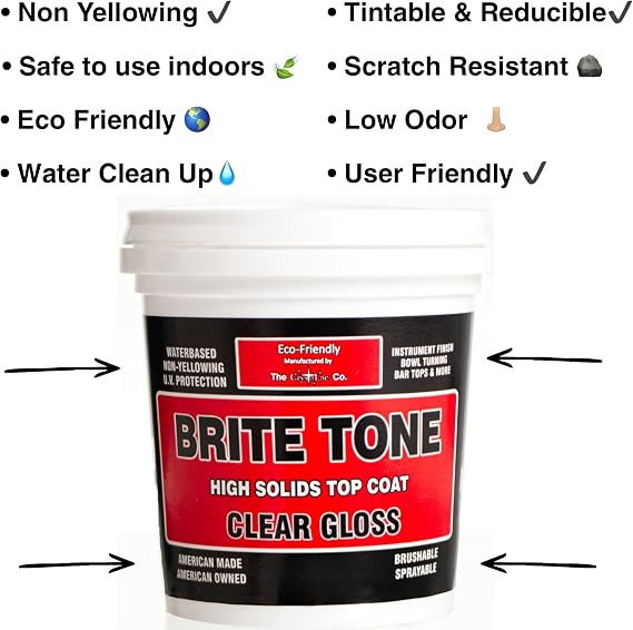 CrystaLac Brite Tone Polyurethane Instrument Finish, High Solids Non-Yellowing Super-Hard & Scratch Resistant Clear Coat for Musical Instruments, for Wood Metal Plastic & Glass, 8-Fl.Oz., Clear Gloss