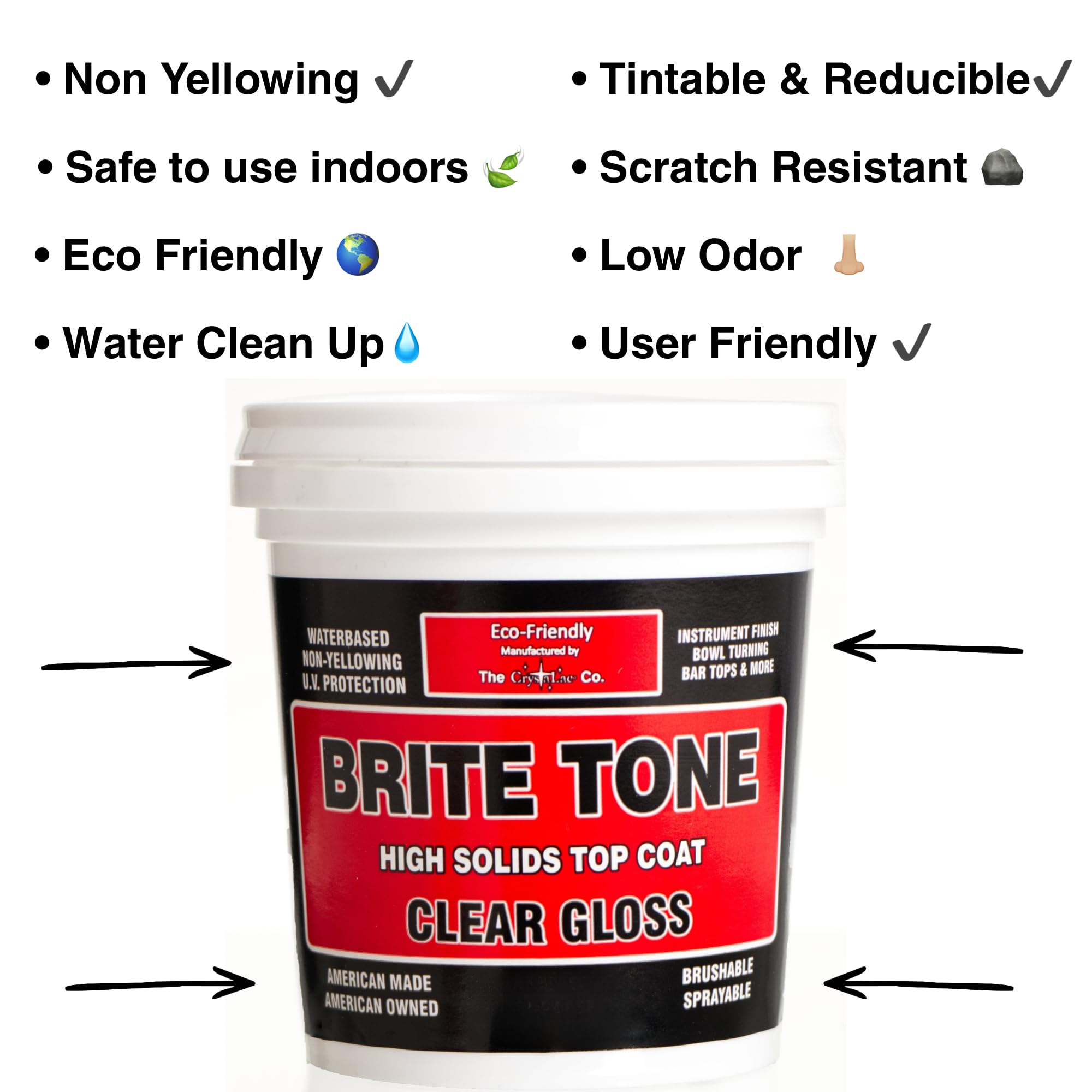 CrystaLac Brite Tone Polyurethane Instrument Finish, High Solids Non-Yellowing Super-Hard & Scratch Resistant Clear Coat for Musical Instruments, for Wood Metal Plastic & Glass, 8-Fl.Oz., Clear Gloss