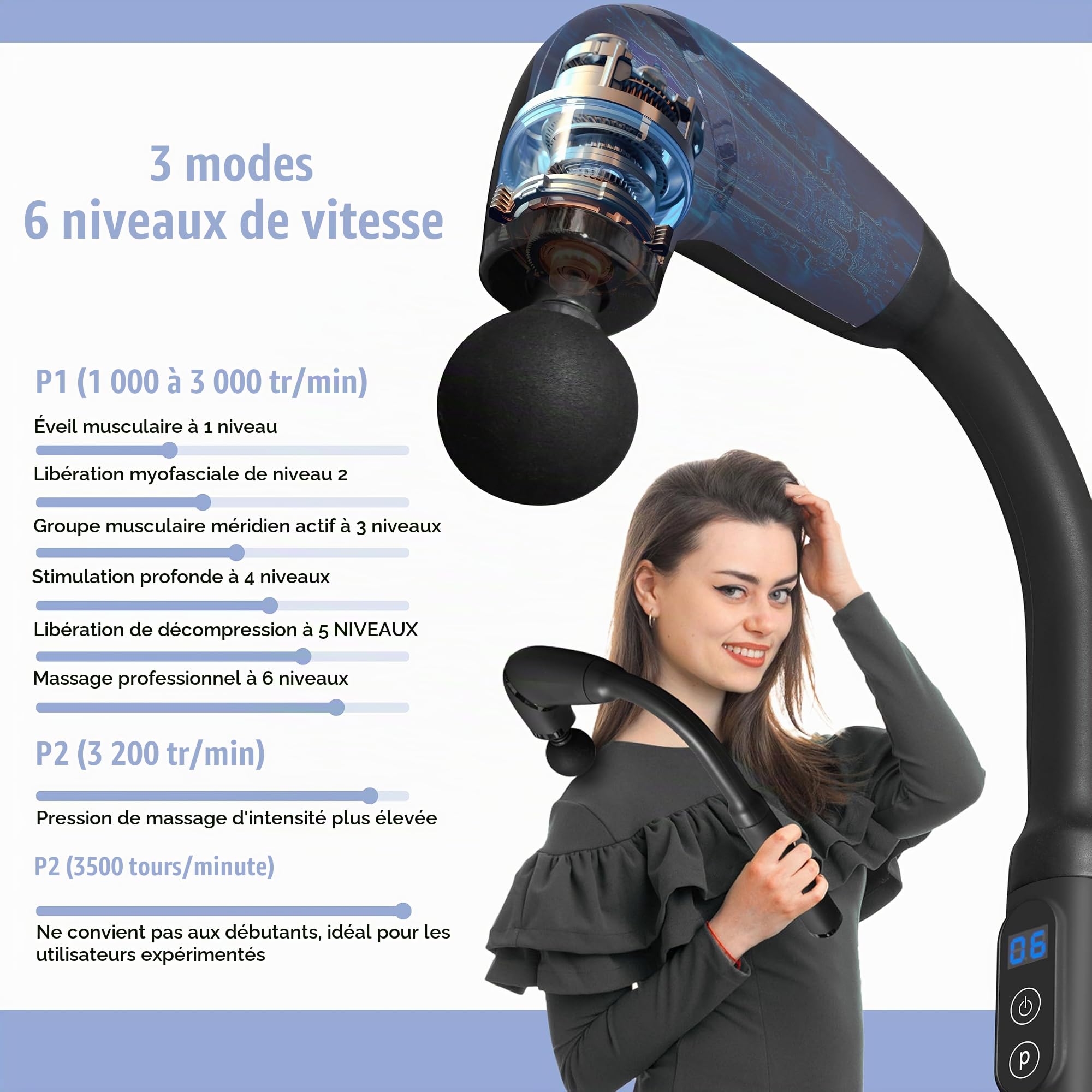 BIBIRE Pistolet de Massage Musculaire avec poignée étendue, Masseurs Électriques Portables Masseur des Tissus Profonds, 4 Têtes de Massage et l'Écran LCD Pour Soulager Douleurs et Raideurs Musculaires