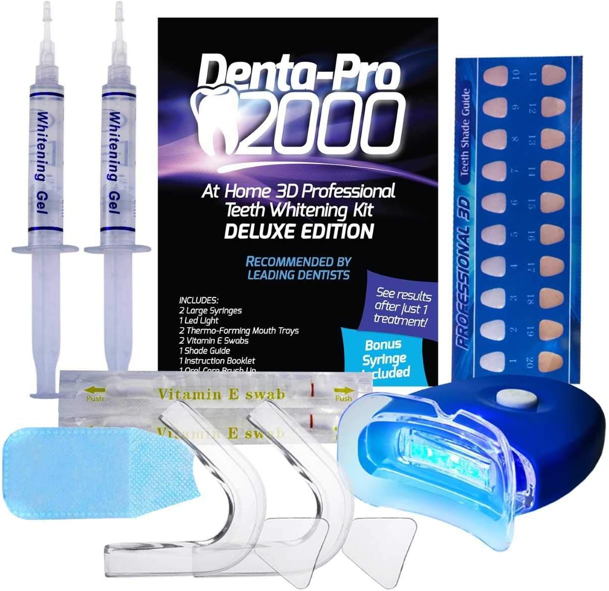 DentaPro 2000 3D Teeth Whitening Kit - Deluxe Addition Includes LED Light, (2) 5ml Gel Syringes, Custom Moldable Tray (2), Vitamin E Swab (2), Shade Guide - See Results After Just One Use!