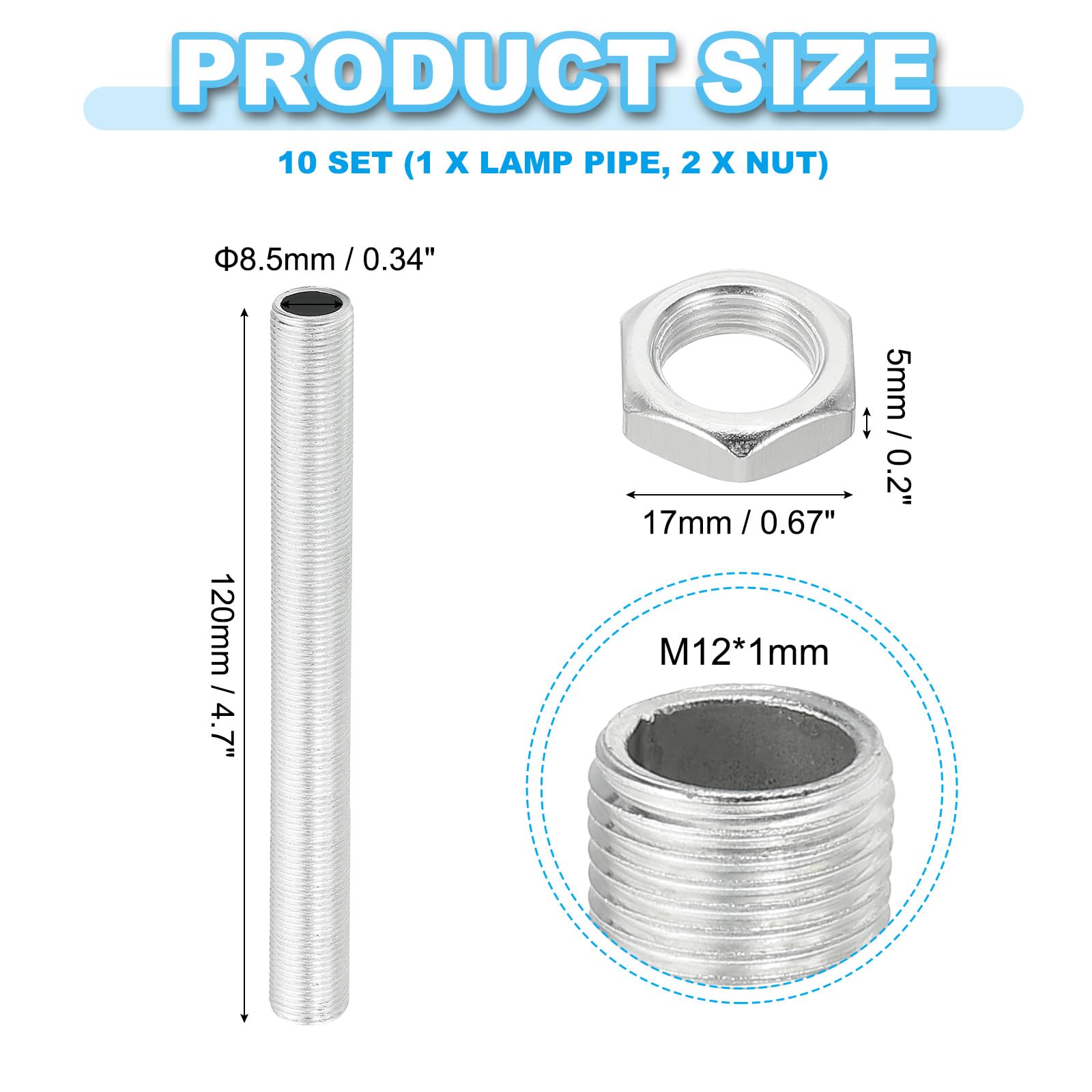 PATIKIL M12 Thread 120mm/4.7" Lamp Pipe Kit with Lock Nuts - Image 2