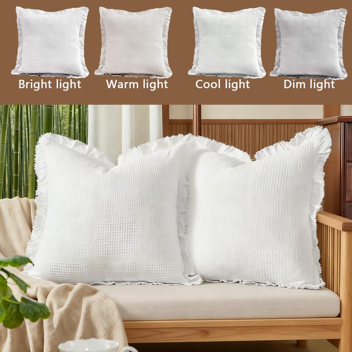 Waffle Pillow Covers 18x18 Set of 2 Cotton Throw Pillow Covers Stone Washed Square Pattern Pillow Shams Decorative Cushion Cases for Couch Sofa Bedroom Car (White