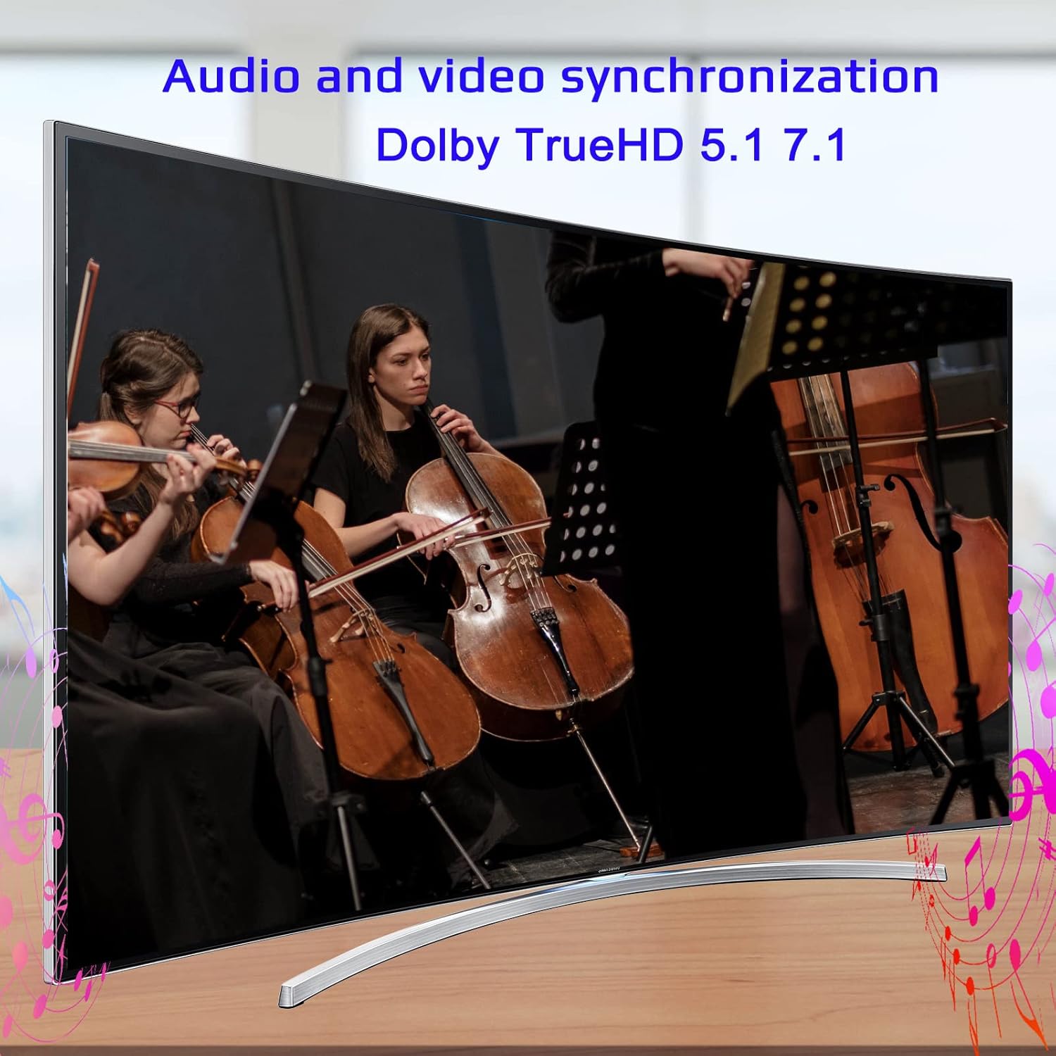 A TV screen showing musicians performing, with musical notes overlaid, indicating audio and video synchronization and Dolby TrueHD support.