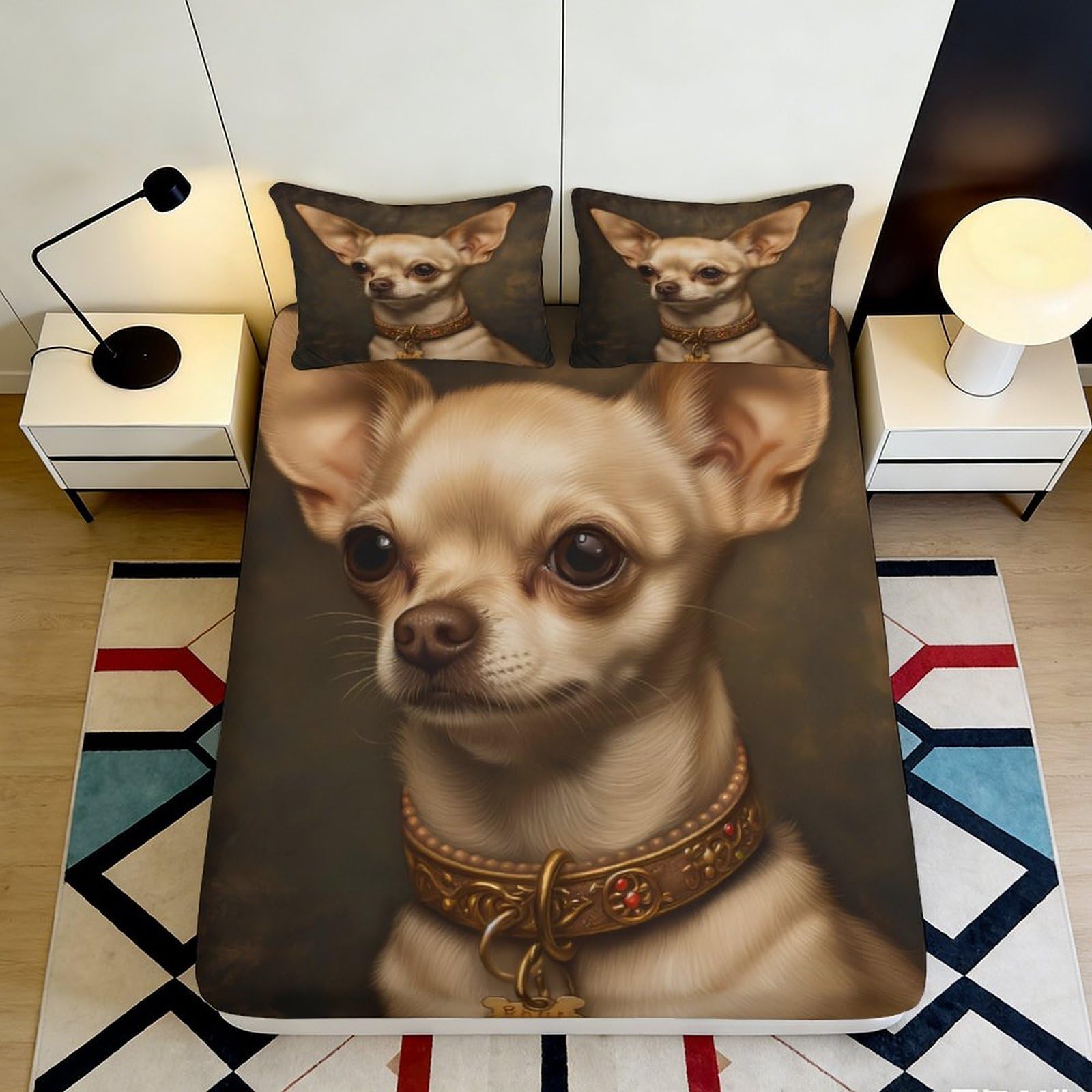 3D Printed Chihuahua Portrait Fitted Sheet Microfiber Soft Dog Art Mattress Cover for Bedroom Dorm Room Decor 180x200x25cm