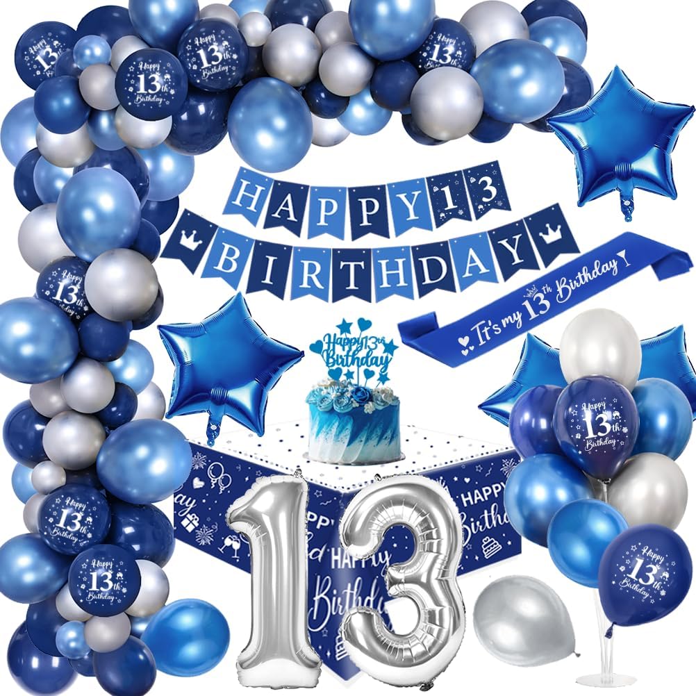 13th Birthday Decoration Boy 13 Years Blue Silver Balloon Arch Kit with Happy Birthday Banner Cake Topper Tablecloth Birthday Sash Large Number 13 Balloons Chrome Blue Silver Balloons
