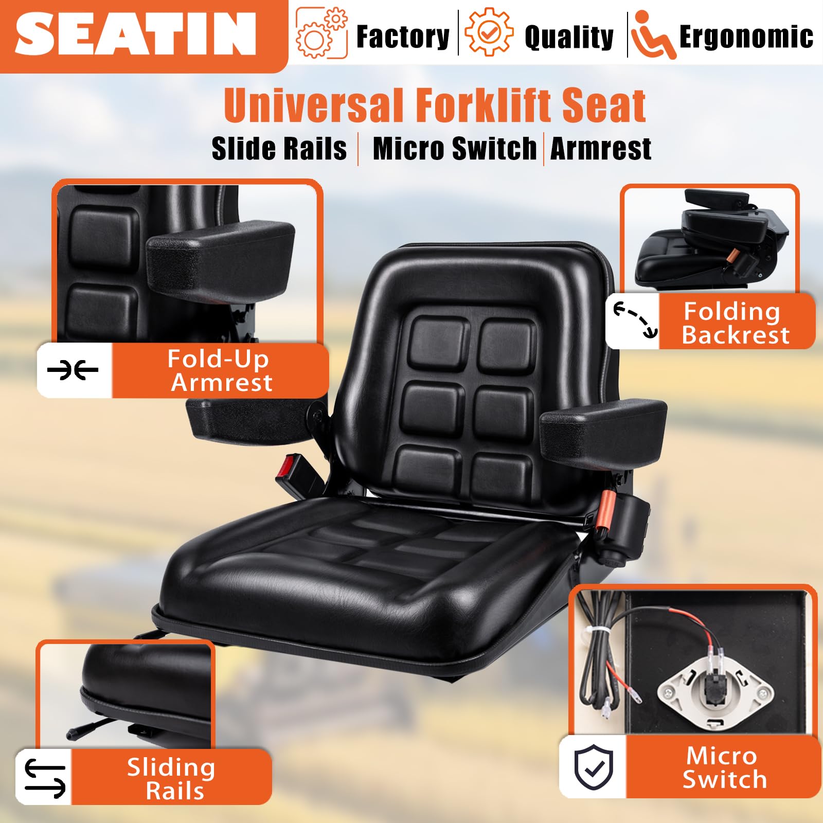 Asiento universal para carretilla elevadora con agujeros de montaje ajustables, reposabrazos, cinturón de seguridad y microinterruptor, asiento de tractor plegable para cortacéspedes, minicargadoras,