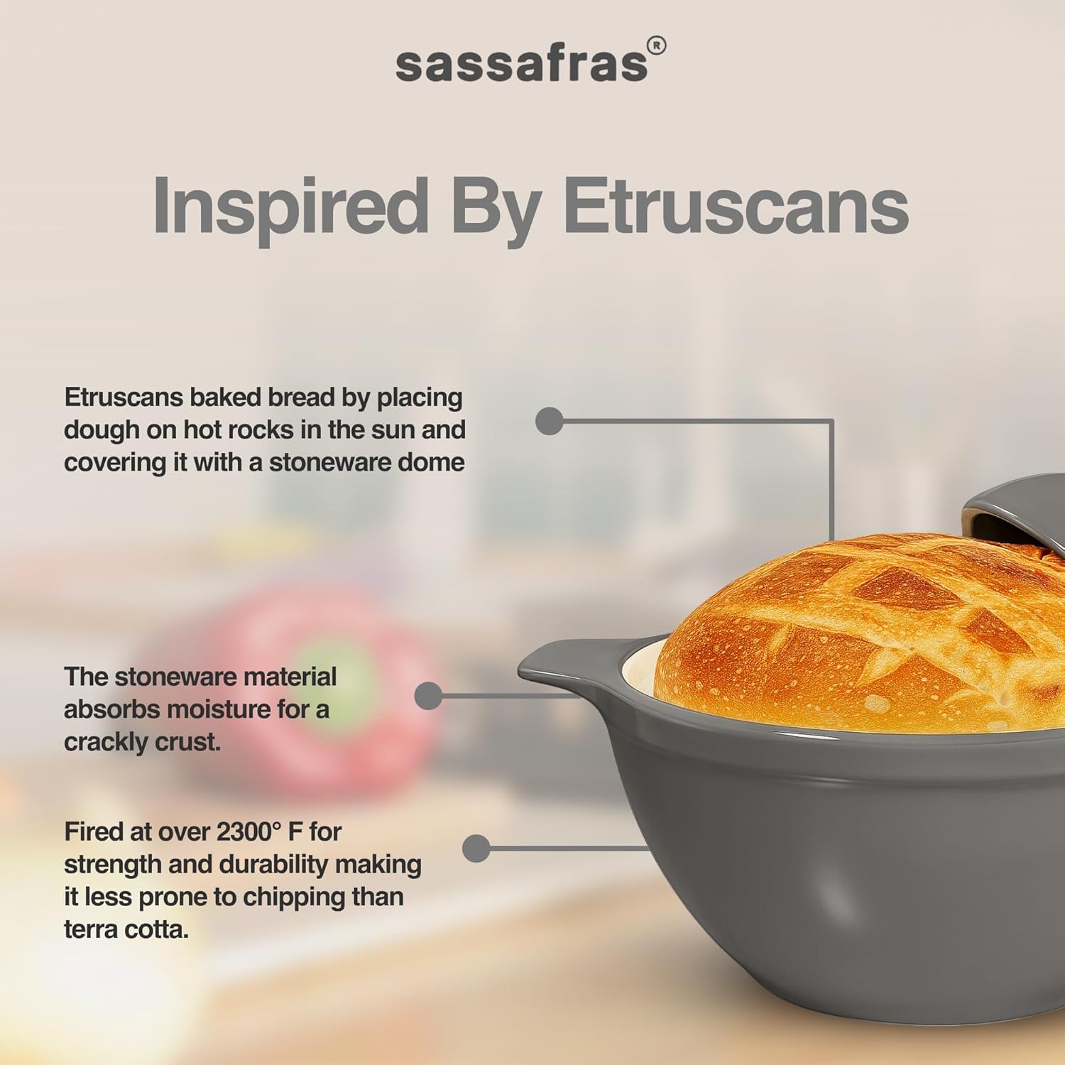 Sassafras Superstone Bread Dome 12" Dutch Oven pot with Lid - Grey Glazed base oven pot No-Knead Dome for artisan and sourdough bread baking with Stoneware Bakeware.