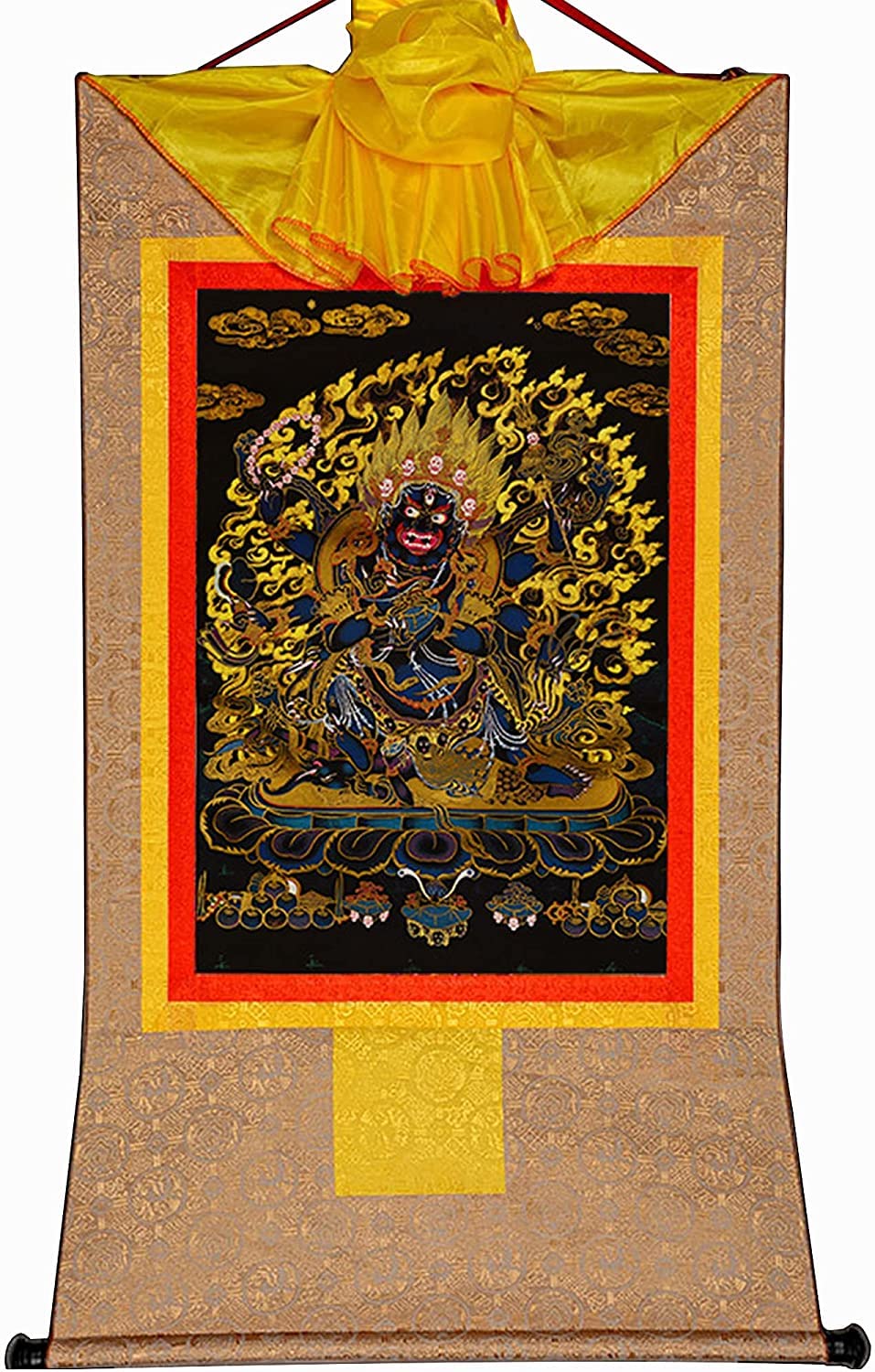 Gobelin Thangka, buddyjska statua malarstwa Buddy, gobelin Buddy ze zwojem, sześcioramienna mahakala, bóstwo obrońcy, tybetańska statua Buddy malarstwa artystycznego, gobelin Buddy ze zwojem, typ czarny
