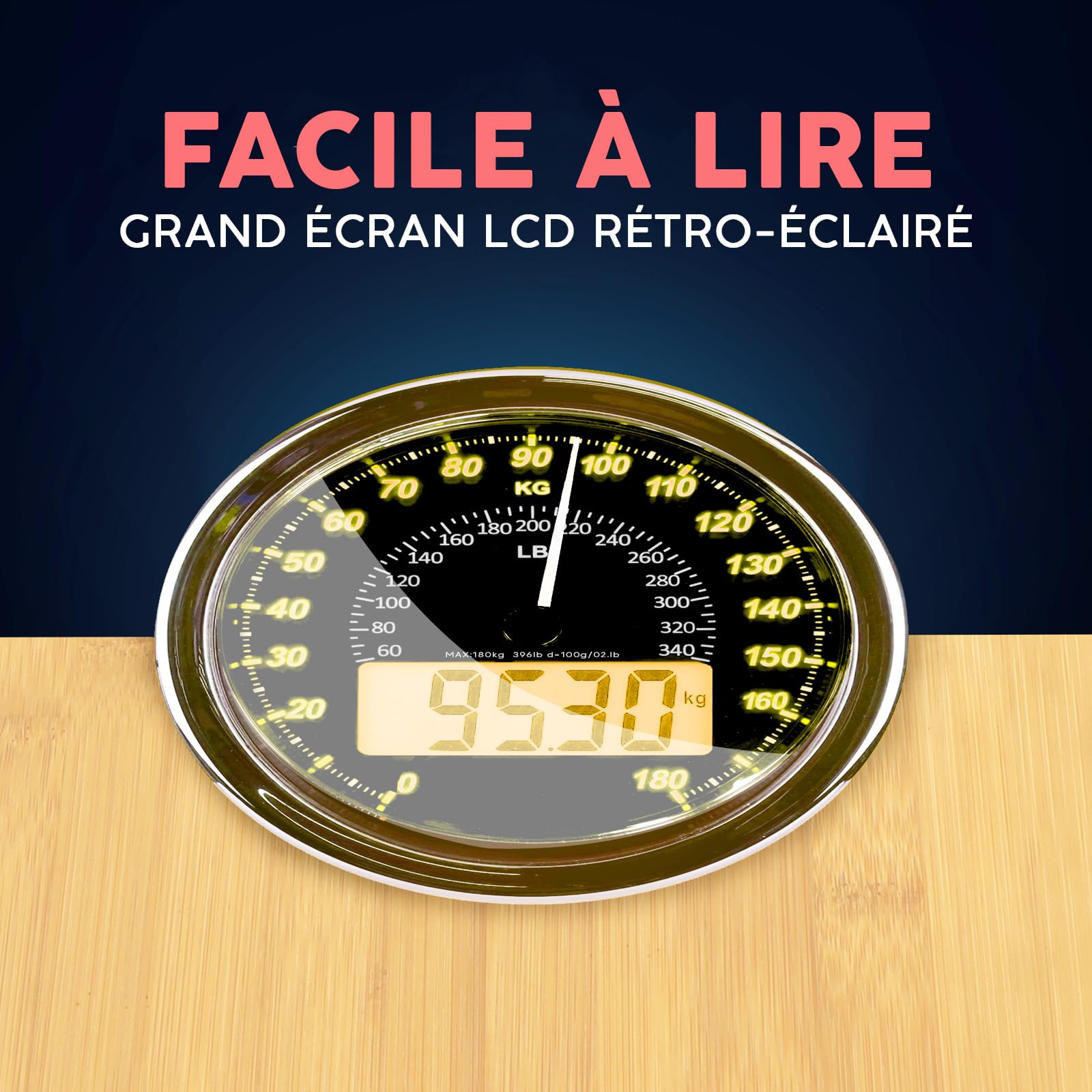 Hybrid Pèse-Personne - Analogique & Digital, Précis jusqu'à 180 kg | Lisez votre poids sur cadran analogique et LCD en même temps. Large plateau, 3 piles AAA incluses, prêt à l'emploi.