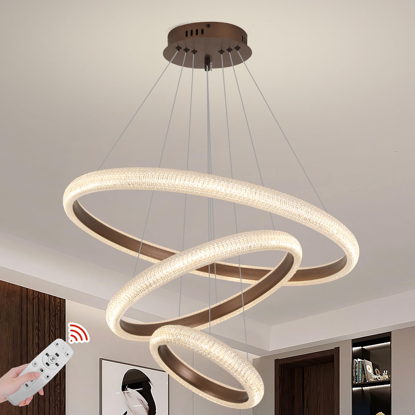 LED Chandelier, Remote Control 3-Ring Brown Pendant Light for Living Room, Dining Room, Dimmable & Adjustable Height, Modern Light Fixture for 20-25㎡ Space, 76W Power.