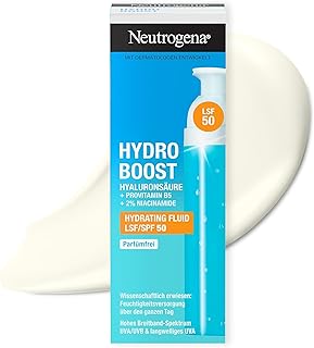 Neutrogena Hydro Boost Aqua Fluid LSF 50 50 ml, parfümfreie Tagescreme mit LSF 50, leichte Gesichtspflege mit Hyaluronsäure, Vitamin B5 und Niacinamid für intensive Feuchtigkeit
