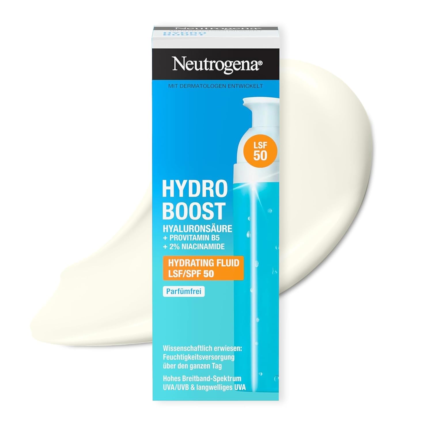 Neutrogena Hydro Boost Aqua Fluid SPF 50 50 ml, Fragrance-Free Day Cream with SPF 50, Light Face Care with Hyaluronic Acid, Vitamin B5 and Niacinamide for Intense Moisture
