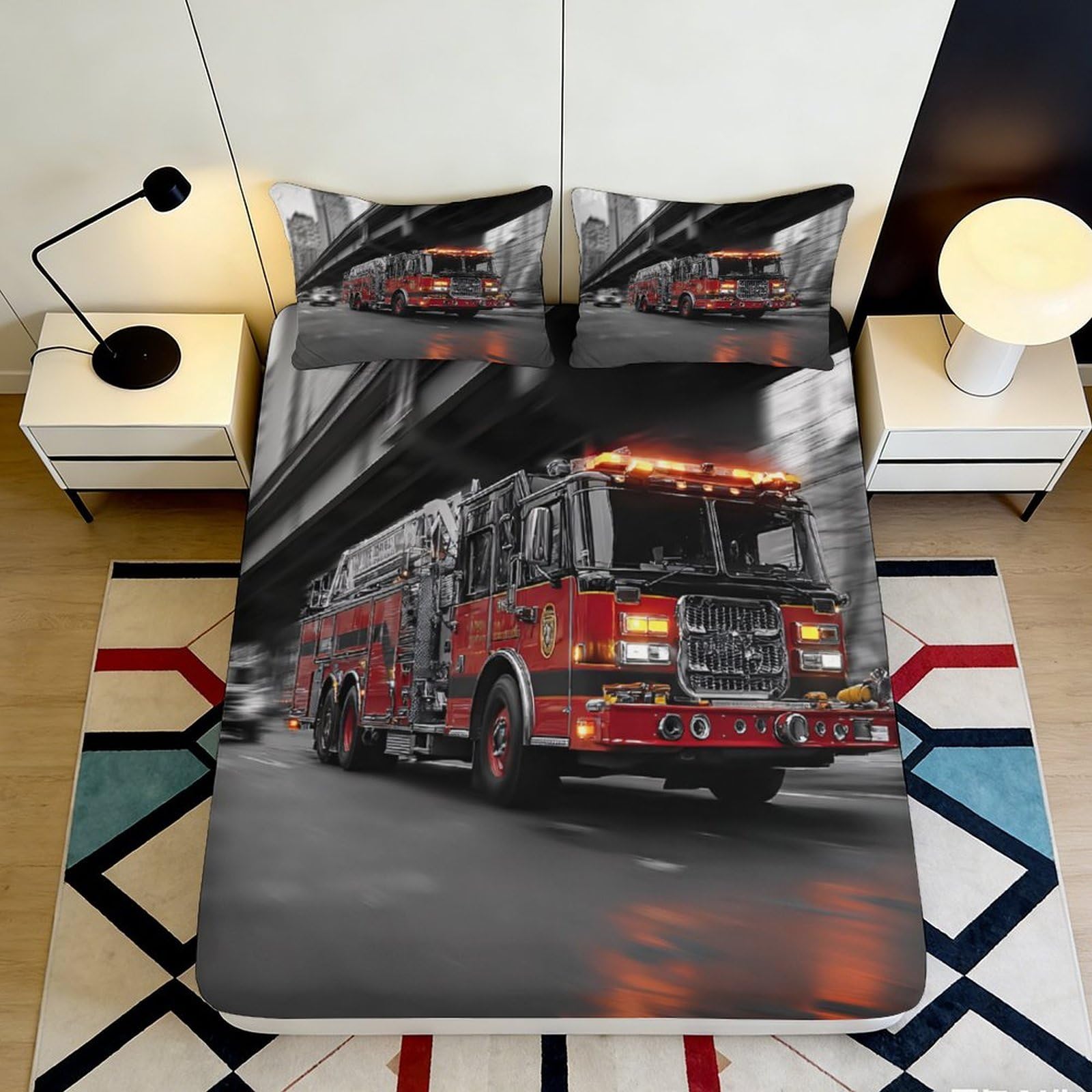 3D Printed Fire Truck Fitted Sheet Microfiber Red Emergency Vehicle Mattress Cover for Bedroom Dorm Anti-Slip Washable Decor 160x200x25cm