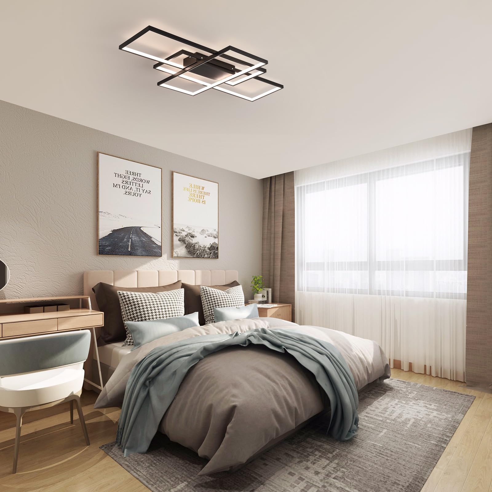 Moderna Lámpara de Techo LED 50W Regulable con Mando, Negro, 90cm | Iluminación Ajustable 3000K-6500K con Memoria, Diseño Rectangular de Aluminio, Perfecta para Salón, Dormitorio y Comedor