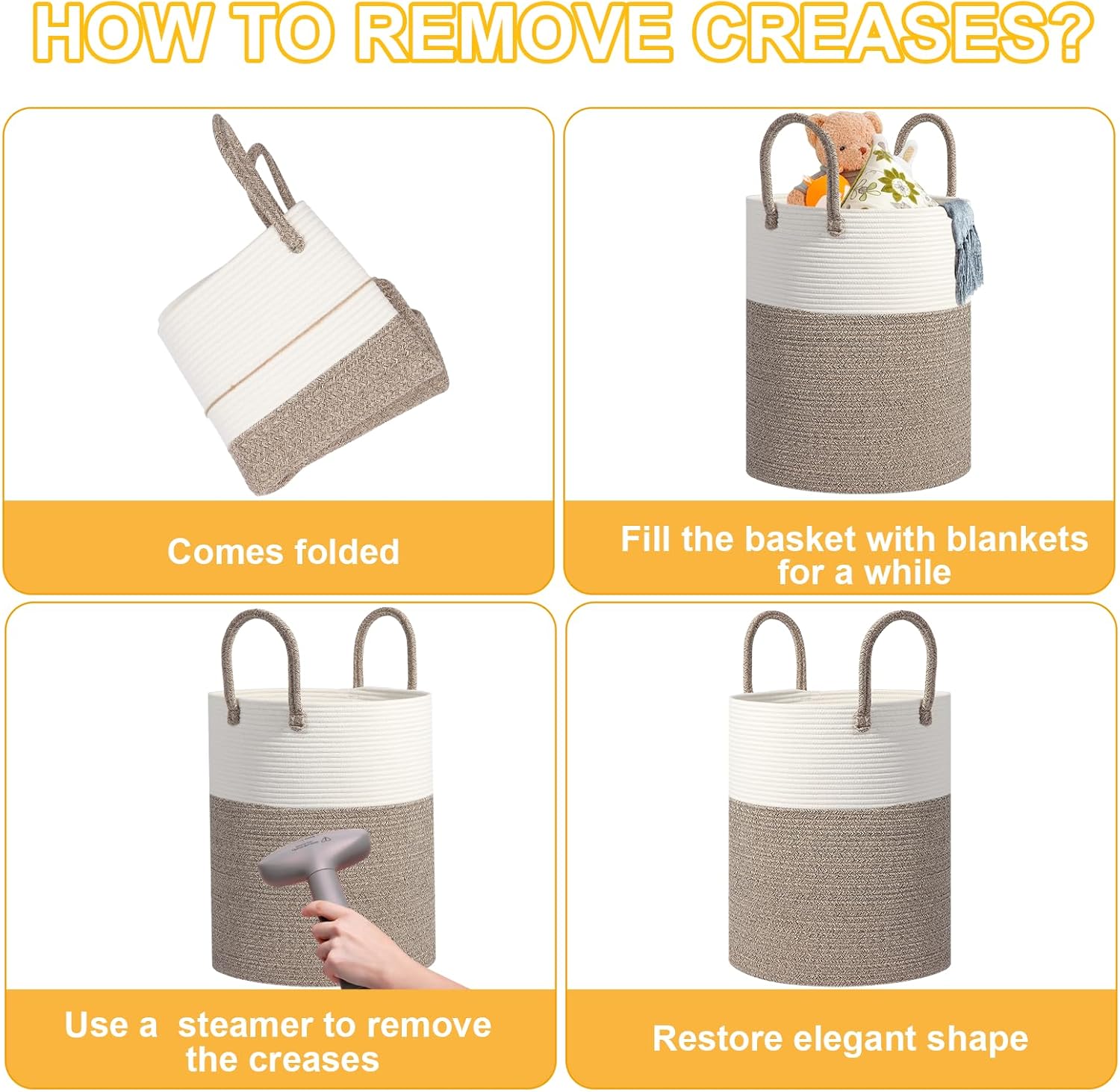 Large Woven Laundry Basket Hamper, 60L Cotton Rope Storage Basket for Blankets in Living Room, Decorative Tall Nursery Hamper for Clothes and Toys, White and Brown - Image 7