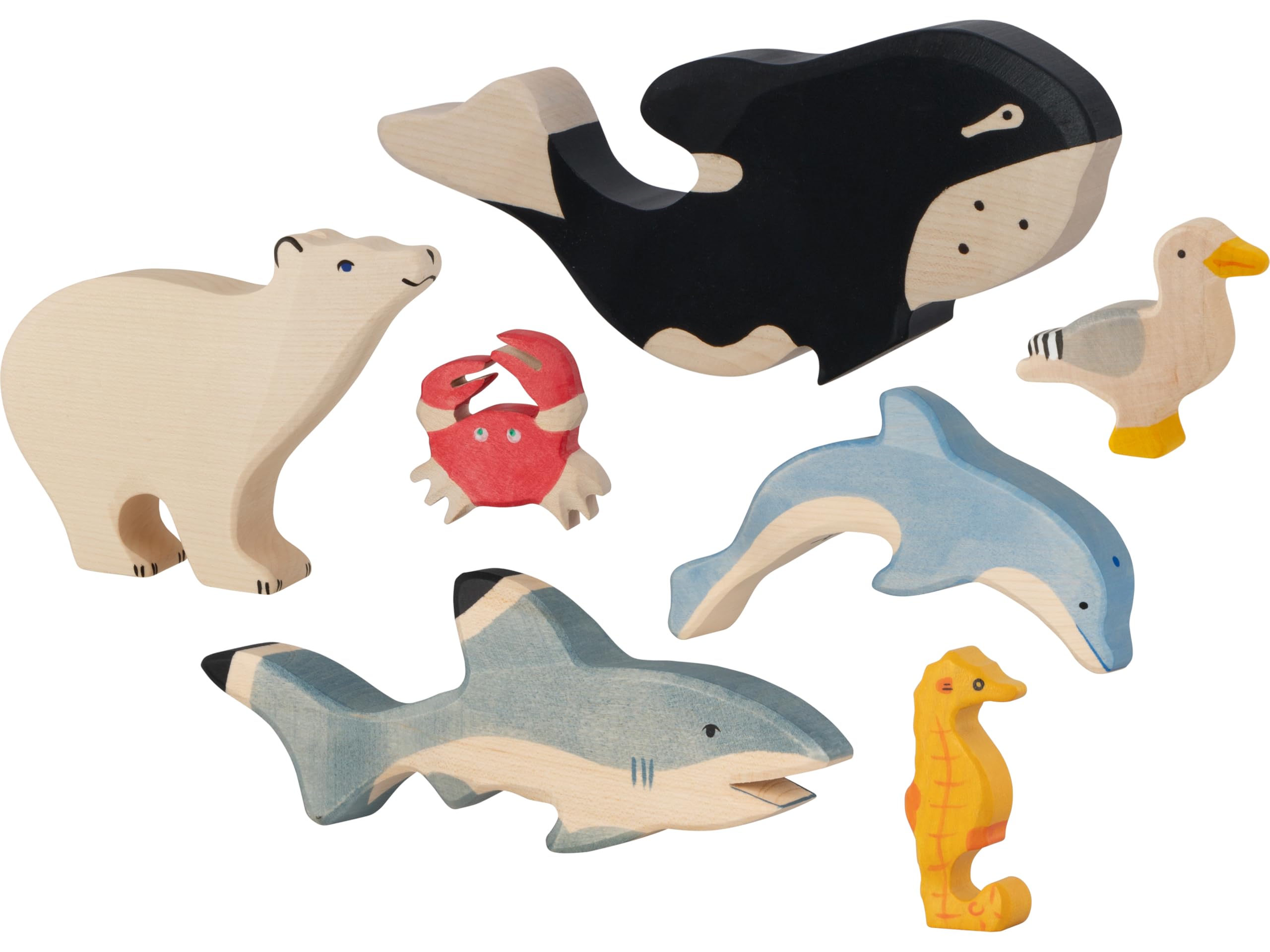Holztiger 6616 Zestaw 7 figurek do zabawy z drewna, rekin, delfin, orka, wieloryb morski, krab, mewa i niedźwiedź polarny, ręcznie malowane zabawki dla dzieci, Made in Europe