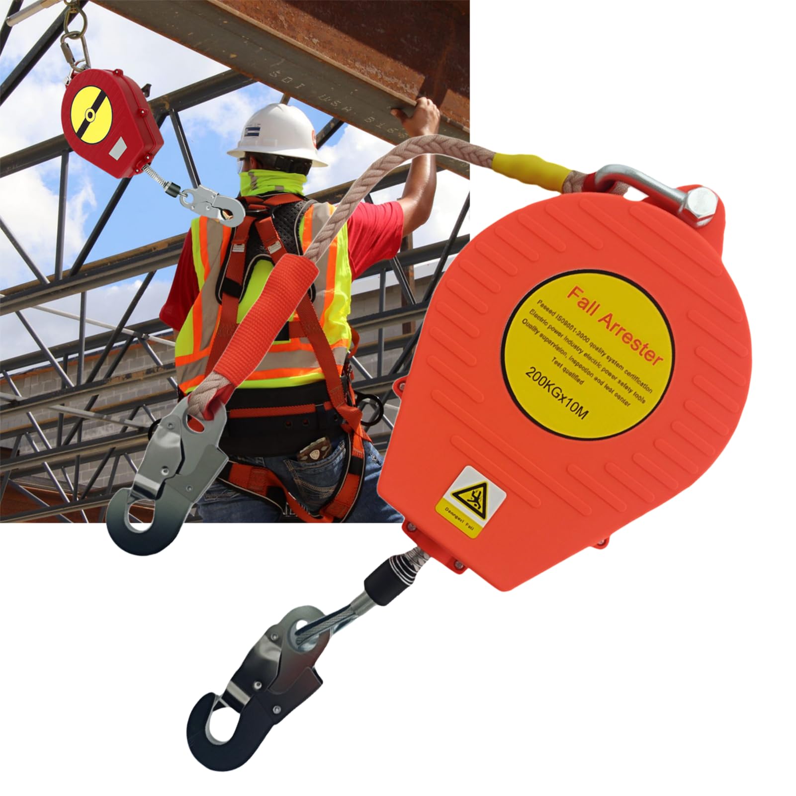 Dispositif Antichute a Rappel Automatique, 200 KG Harnais de Securite Antichute Automatique 10 Mètres, Protection Antichute Rétractable Travaux en Hauteur/Toiture(Rouge - 1 Pièce,10m)
