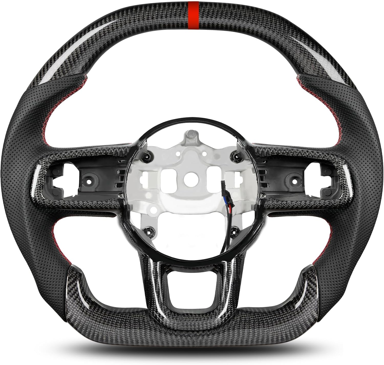 ZIMABLUE Carbon Fiber Steering Wheel for Jeep Wrangler JL & Gladiator JT 2018–2024, Flat-Top Flat-Bottom Design, Black Nappa Leather Grip, Hand-Stitched with Carbon Accent Panel For 2018-2024 With Double D With Heating