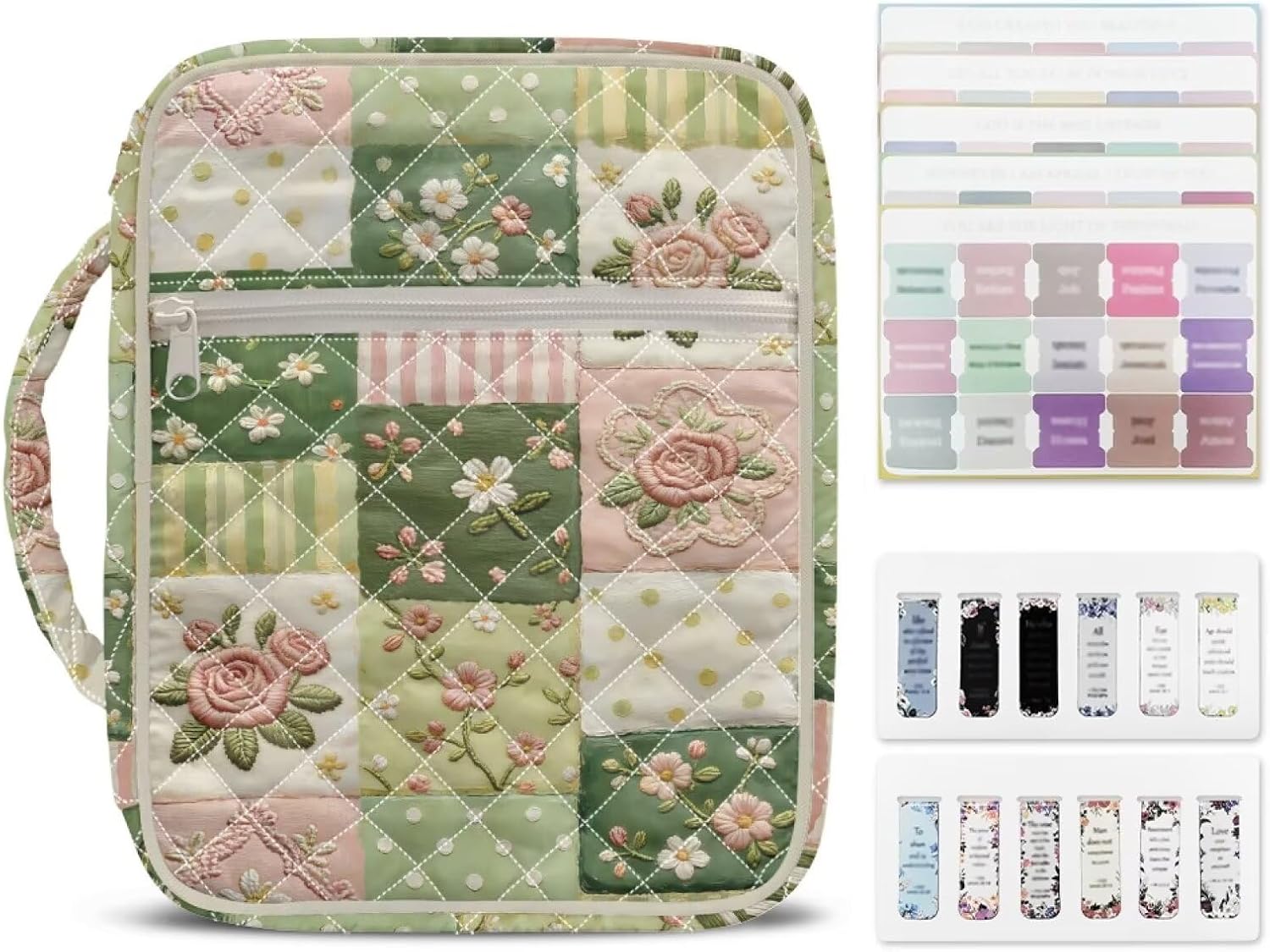 Bible Cover Case for Women Pink Green Floral Bible Study Supplies with Tabs, Large Bible Bag Quilted with Zipper Handle, Bible Covers for Church Study Travel Gift