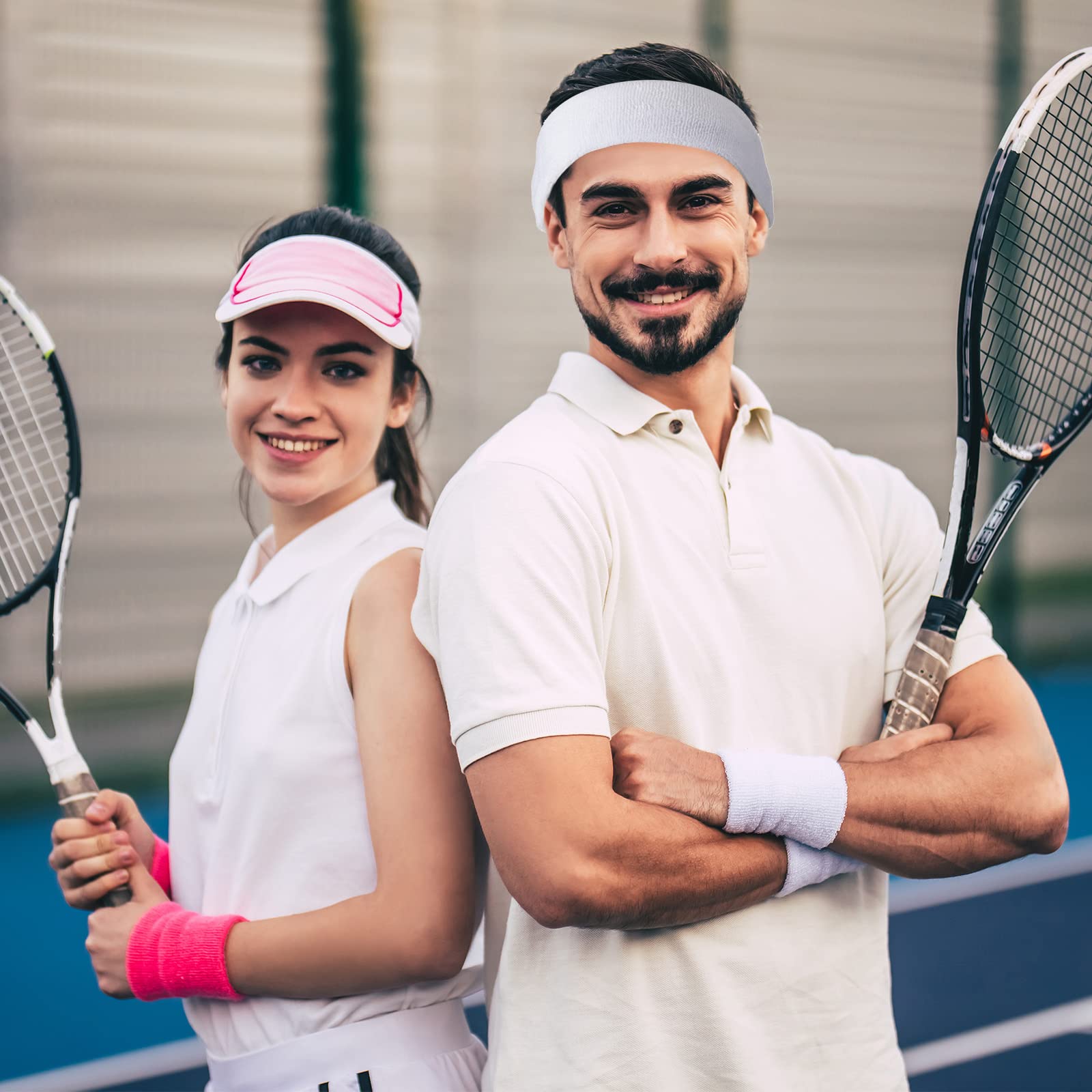 60-teiliges Schweißbänder-Set enthält 20 Stück Sport-Stirnband und 40 Stück Armbänder, Schweißbänder, Bunte Frottee-Armbänder für Training, 80er-Jahre, Schweißband für sportliche Männer und Frauen