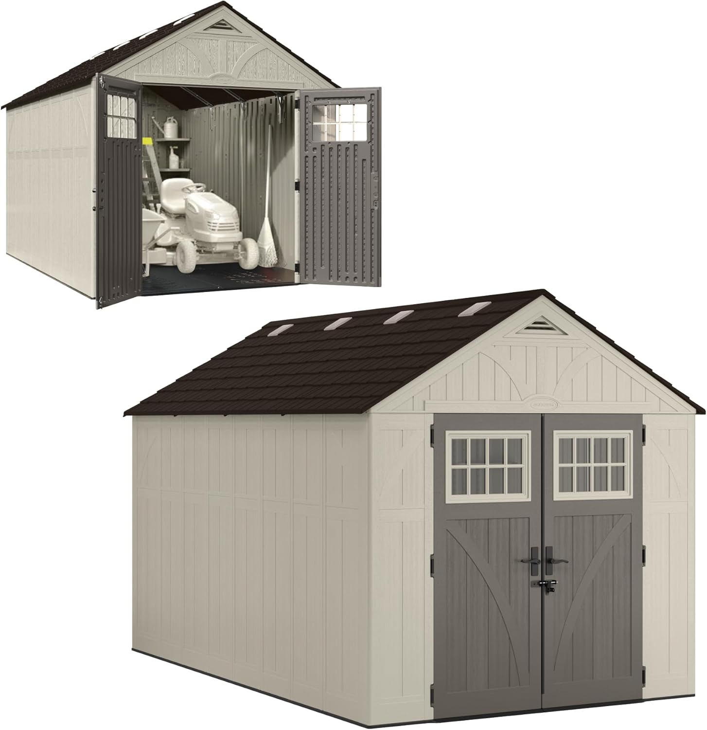 Suncast 8x13 Ft Resin Shed - Large Outdoor Shed with Floor Included, Lockable Double Doors & Skylights. 715 Cu Ft Tremont Outdoor Storage Sheds for Lawn Tools, Bikes, Riding Mowers, & Tractors