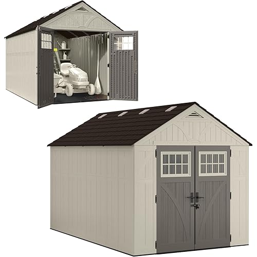 Suncast 8x13 Ft Resin Shed - Large Outdoor Shed with Floor Included, Lockable Double Doors & Skylights. 715 Cu Ft Tremont Outdoor Storage Sheds for Lawn Tools, Bikes, Riding Mowers, & Tractors