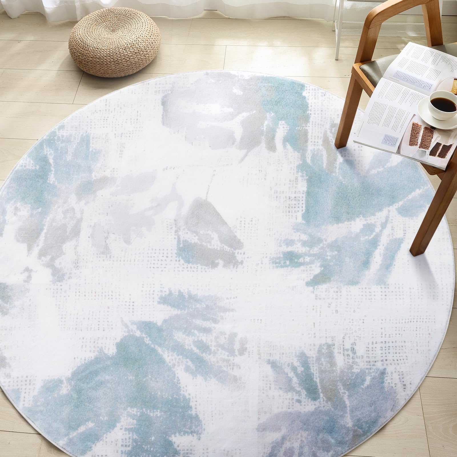 Carvapet Washable Round Area Rug 90cm/3ft Soft Fluffy Circle Carpet Rug Printed Short Pile Non Slip Floor Round Rugs for Entryway Living Room Bedroom(Haze Blue) - Image 3