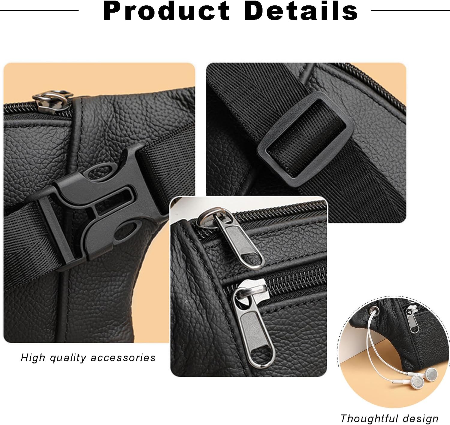 Leather Belt Bag,Black Belt Bag Mens Fanny Pack Crossbody 3-Zipper Pockets Phone Bag Fits All Phones Wallet Keys, Casual Hands-Free Waist Pack For Travel Workout Running Gifts - Image 3