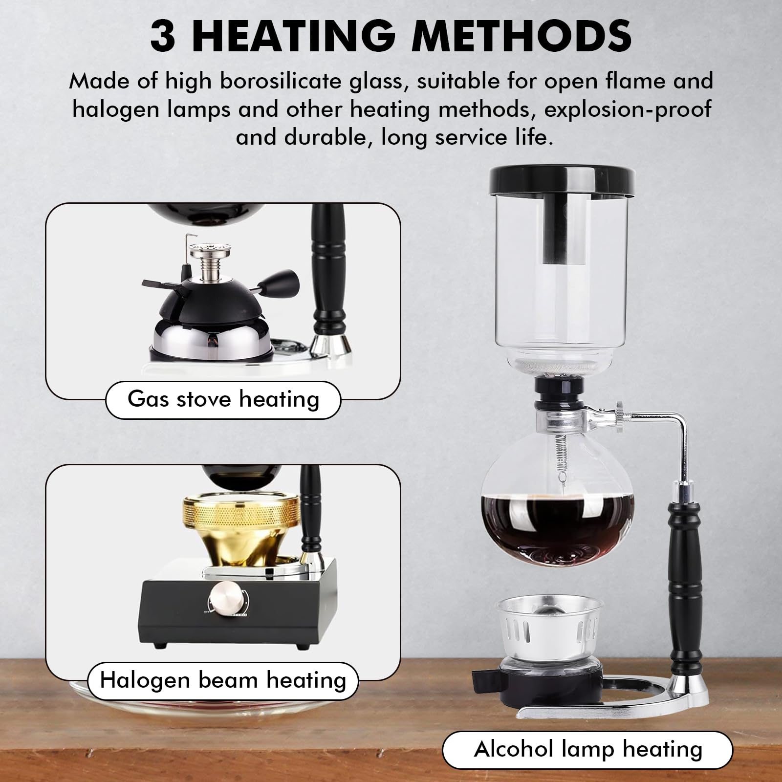 LIROPAU Machine à café siphon, cafetière sous vide, siphon à café japonais, 5 tasses, 600 ml, résistant à la chaleur, avec base de filtre anti-goutte, outils d'extraction pour café infusé à la main