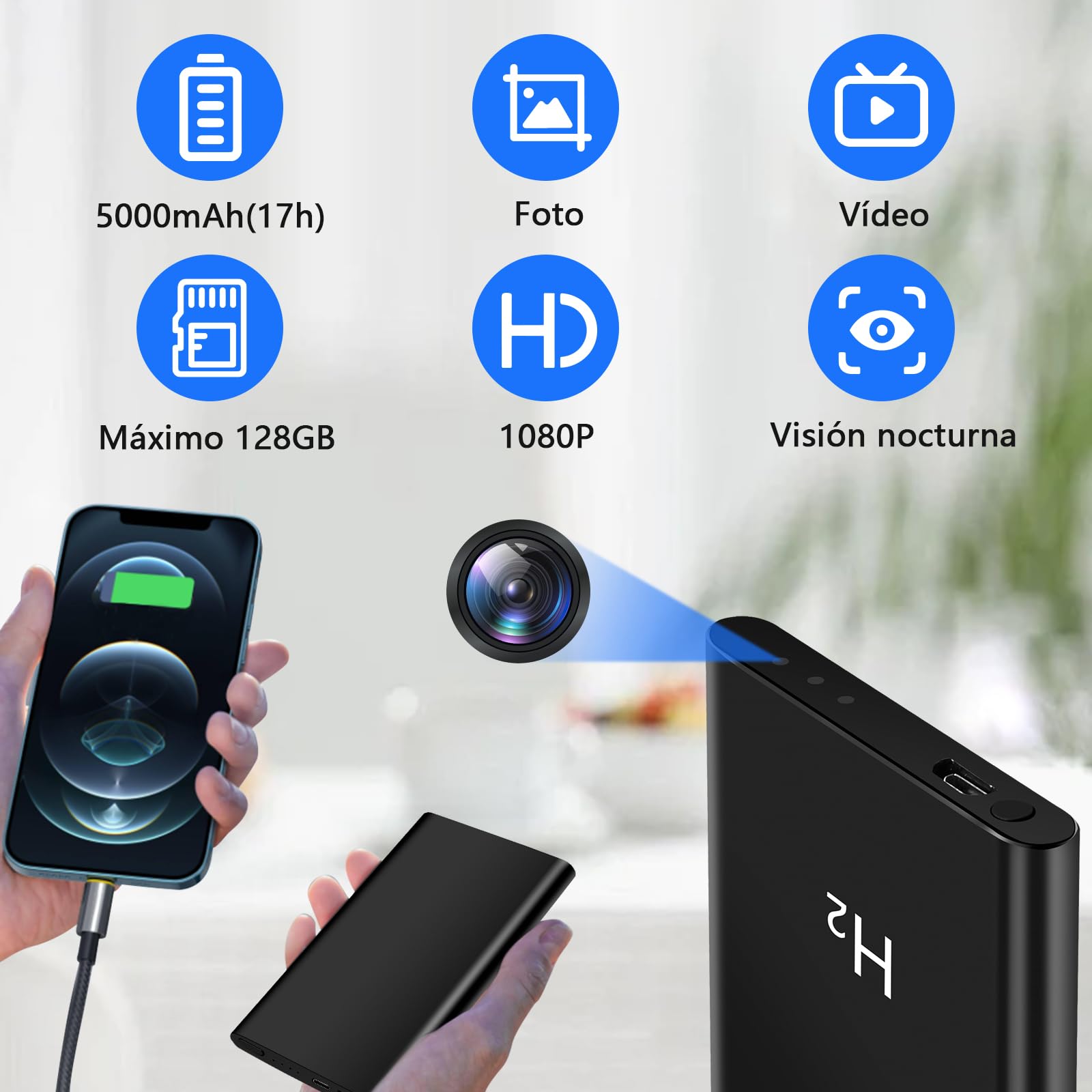 CYI Micro Cámara Espia Oculta 5000mAh, Camaras de Vigilancia sin Cables Camufladas HD 1080, Mini Spy Camera Oculta con Visión Nocturna & Grabación en Bucle para Seguridad en el Hogar