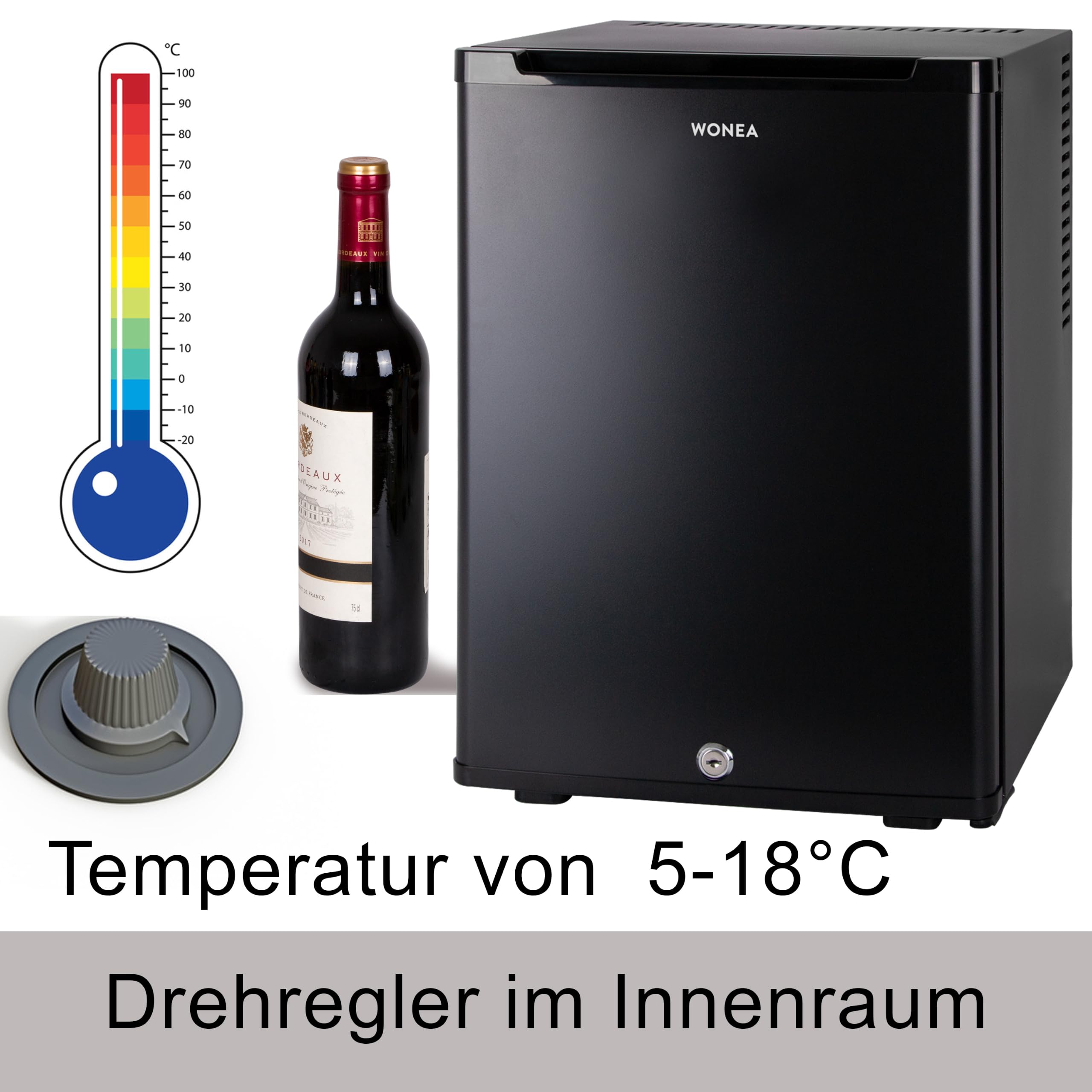 40 Liter Mini Kühlschrank LAUTLOS geräuschlos, Minibar mit Schloss, 5°-18°C