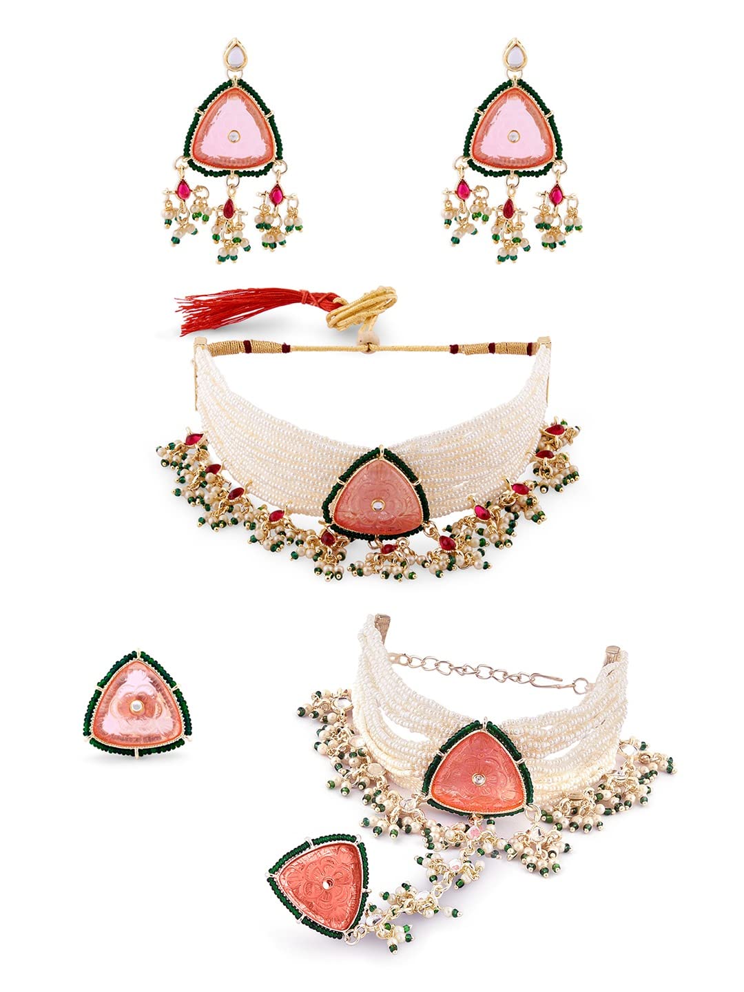 ZAVERI PEARLS Pink & Green Multistrand Pearls Necklace Earring Ring & Hand Harness Set For Women-ZPFK15614 (B0BS99P77N) Amazon Price History, Amazon Price Tracker