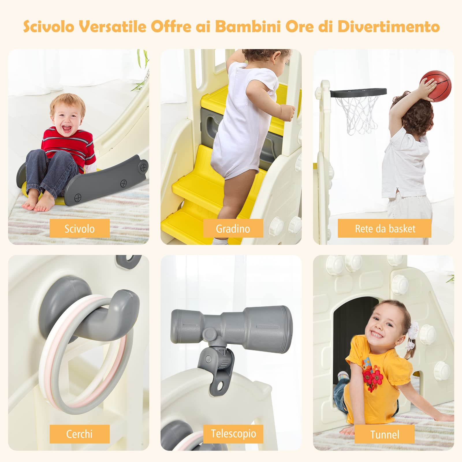 COSTWAY Scivolo per Bambini 6 in 1, Set da Gioco per Bambini con Canestro, Palla, Lancio dell'Anello e Cannocchiale, Ideale per Interni ed Esterni per Ragazzi e Ragazze, 189,5 x 83 x 98 cm (Giallo)