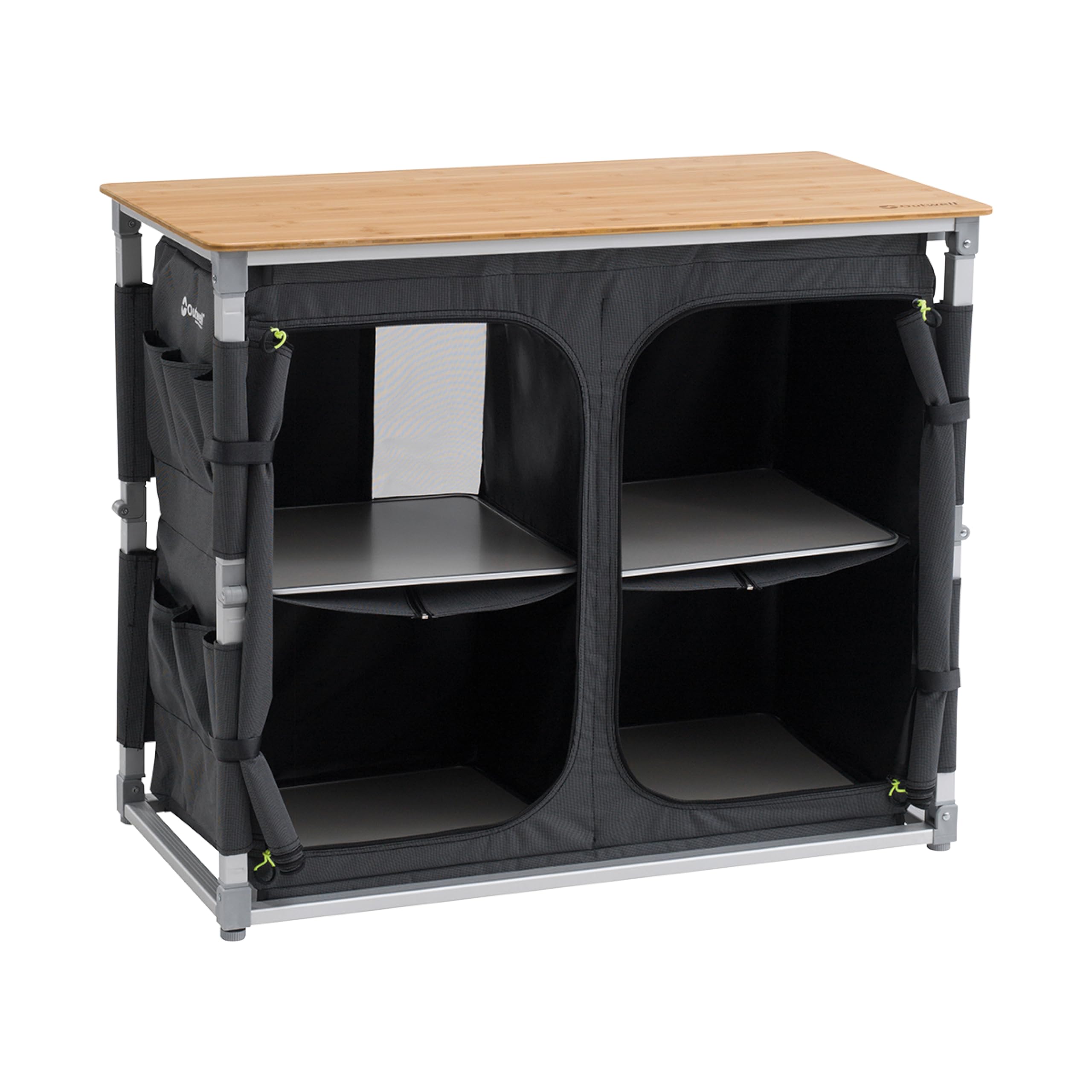 Outwell Padres XL Camping Table Storage Unit with Bamboo Worktop – Folding Camp Kitchen Organiser Table, Aluminium Frame, Carry Bag Included