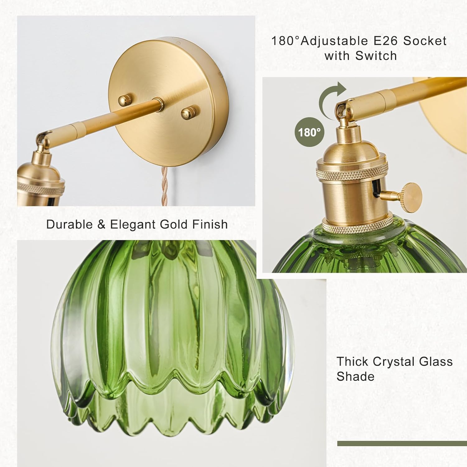 Plug in Wall Sconces Set of 2, Vintage Wall Sconce Light with Tulip Green Glass Lampshade, 180° Adjustable Wall Sconce with Switch and Plug in wall lamp Cord, Gold Wall Light Wall Decor Set of 2