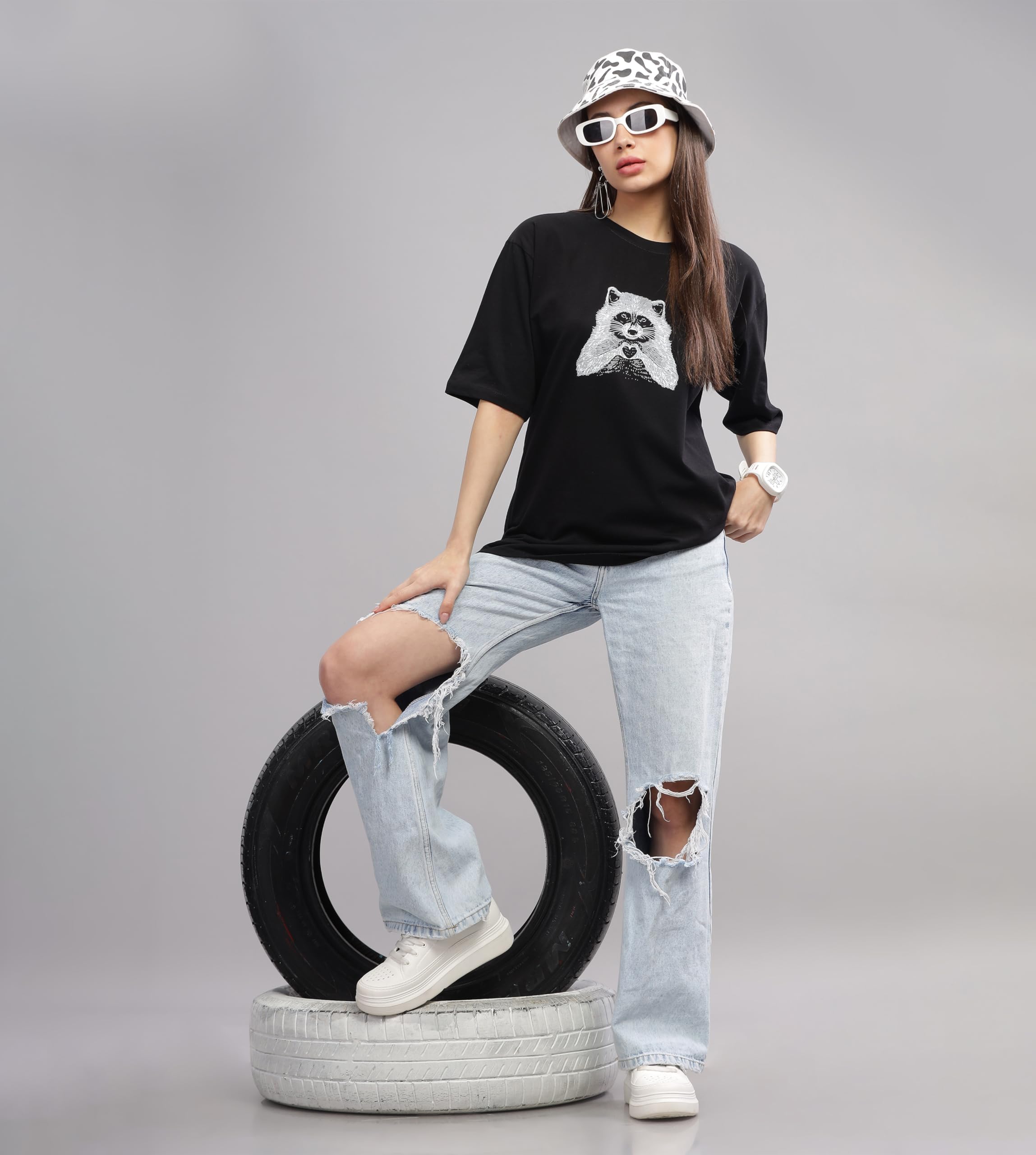 KYDA - Camiseta estampada para mujer, 100 % algodón puro, con hombros caídos y hombros caídos