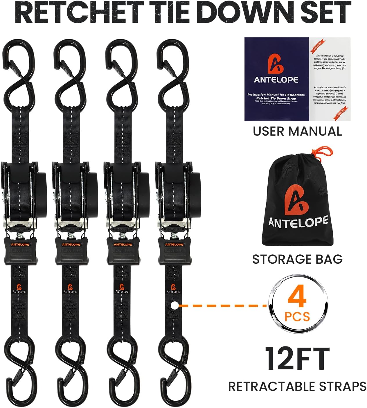 Heavy Duty Retractable Ratchet Straps (4 Pack) - 1IN x 12 FT Self Retractable Tie Down Straps - 1,500LB Break Strength Automaitc Ratchet Straps for Motorcycle, Truck, Cargo, Trailer (Black) - Image 6