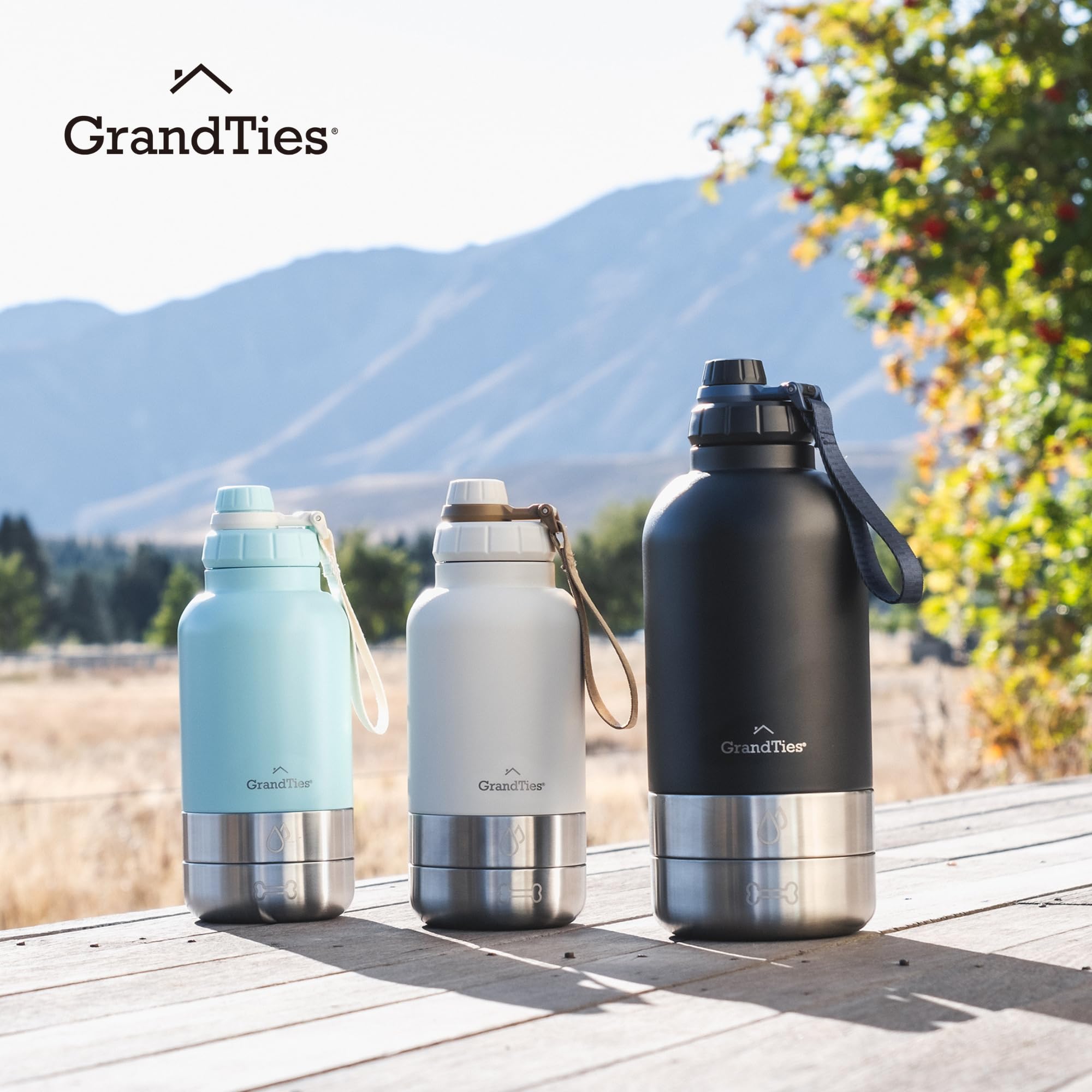 GrandTies Isolierte tragbare Hundewasserflasche mit 2 abnehmbaren Hundenapfspender, auslaufsicherer Reisebehälter für Hundefutter, Hundezubehör für Spaziergänge, Wandern, Camping (950 mL, Pudergrün)