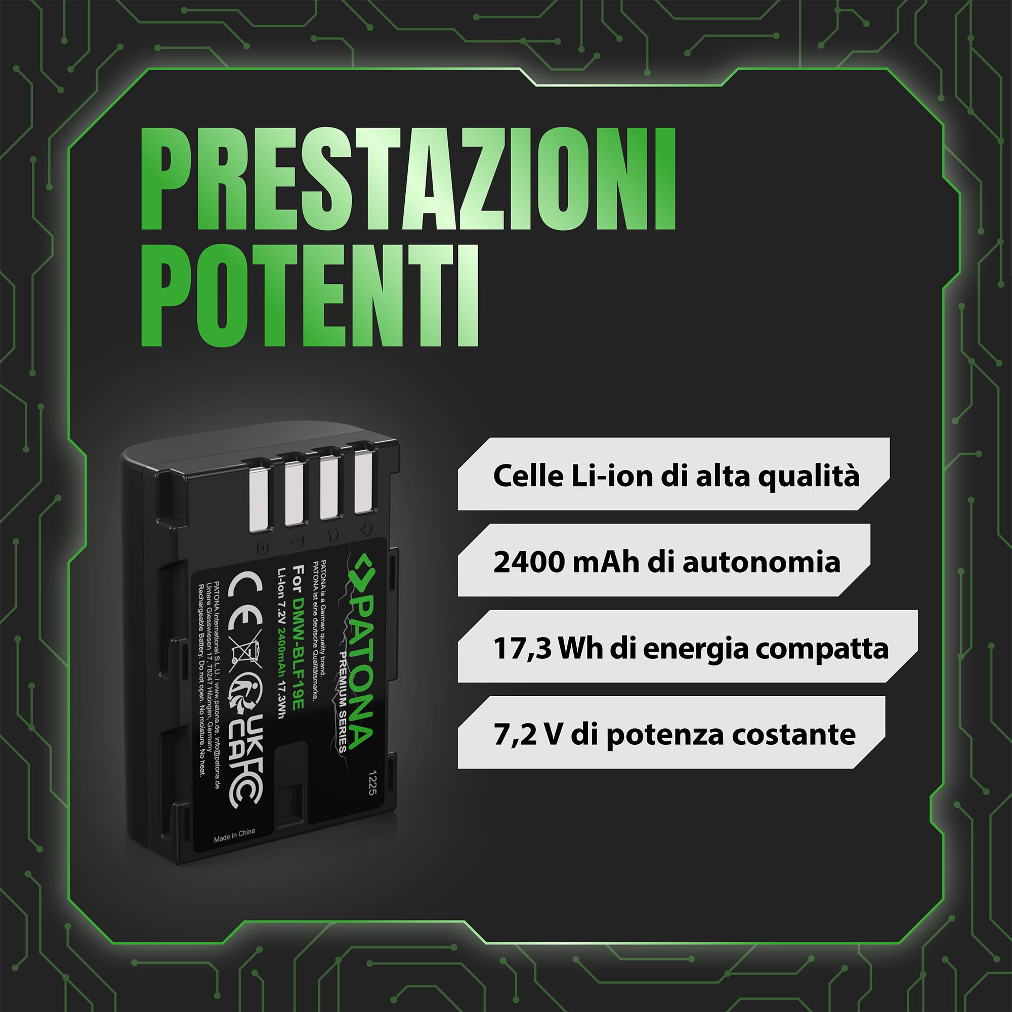 Kit PATONA 2 Batterie DMW-BLF19 + Caricabatteria Doppio – 2250mAh, USB-C, Compatibile Con Panasonic Lumix GH5, GH4, G9 E Sigma SD Quattro