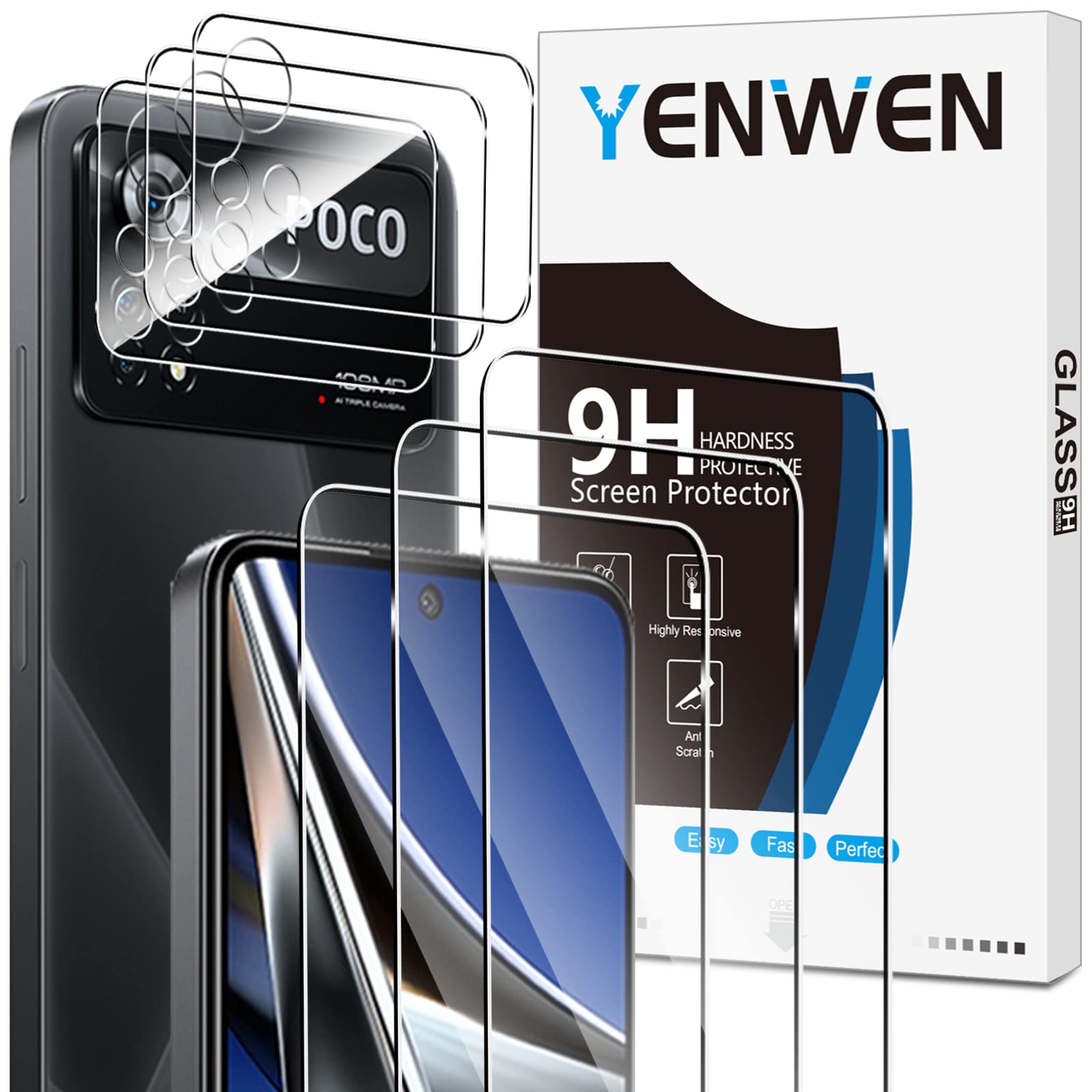Yenwen Schutzfolie für Xiaomi Poco X4 Pro 5G, 3 Stück Displayschutzfolie mit 3 Stück Kameraschutz, 9H Härte Panzer Schutz Glas Anti- Kratzer Schutzglas Anti-Blasenfrei Glas Folie